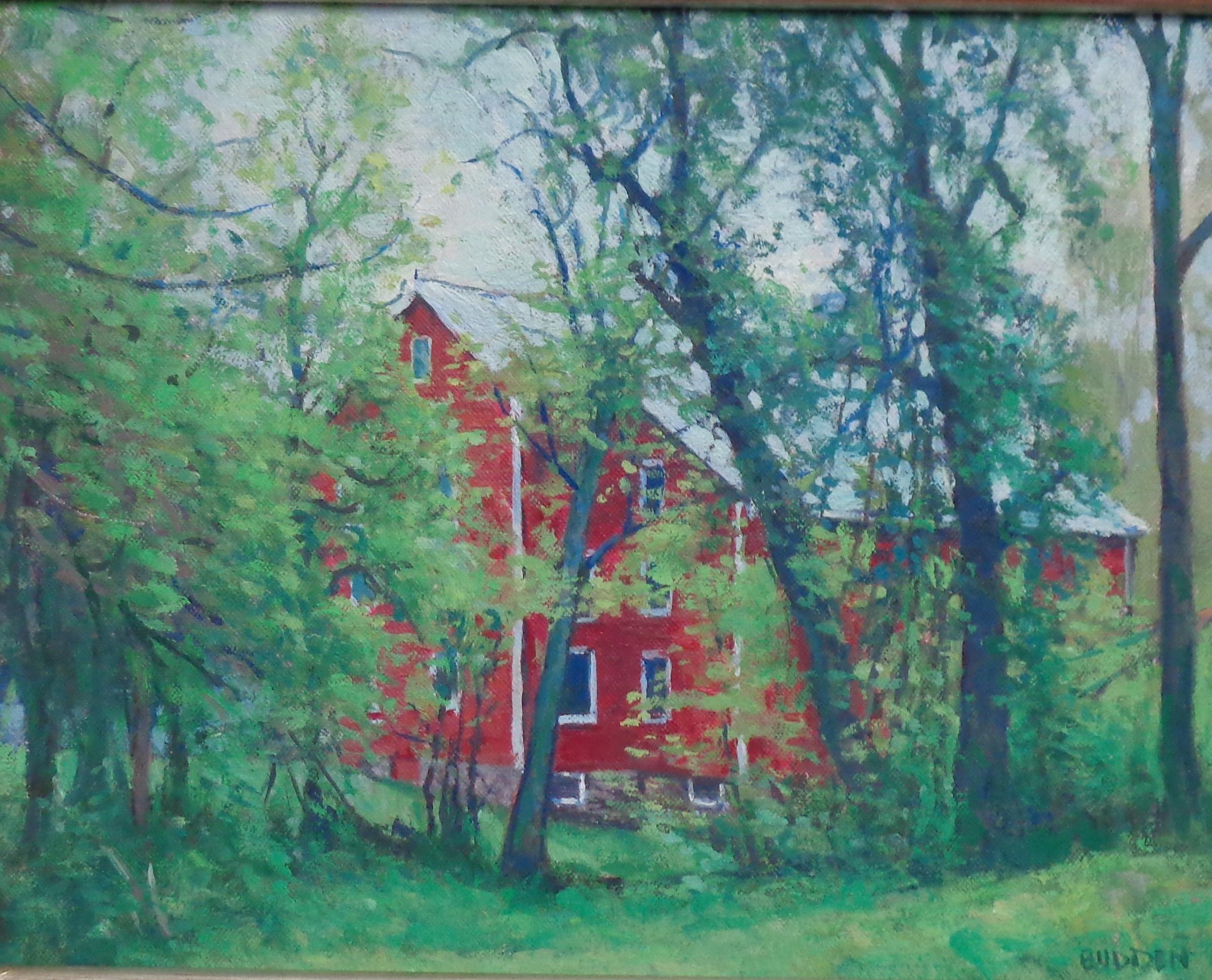 Landschaft Ölgemälde von  Spring Farm Thru Trees von Michael Budden im Angebot 1