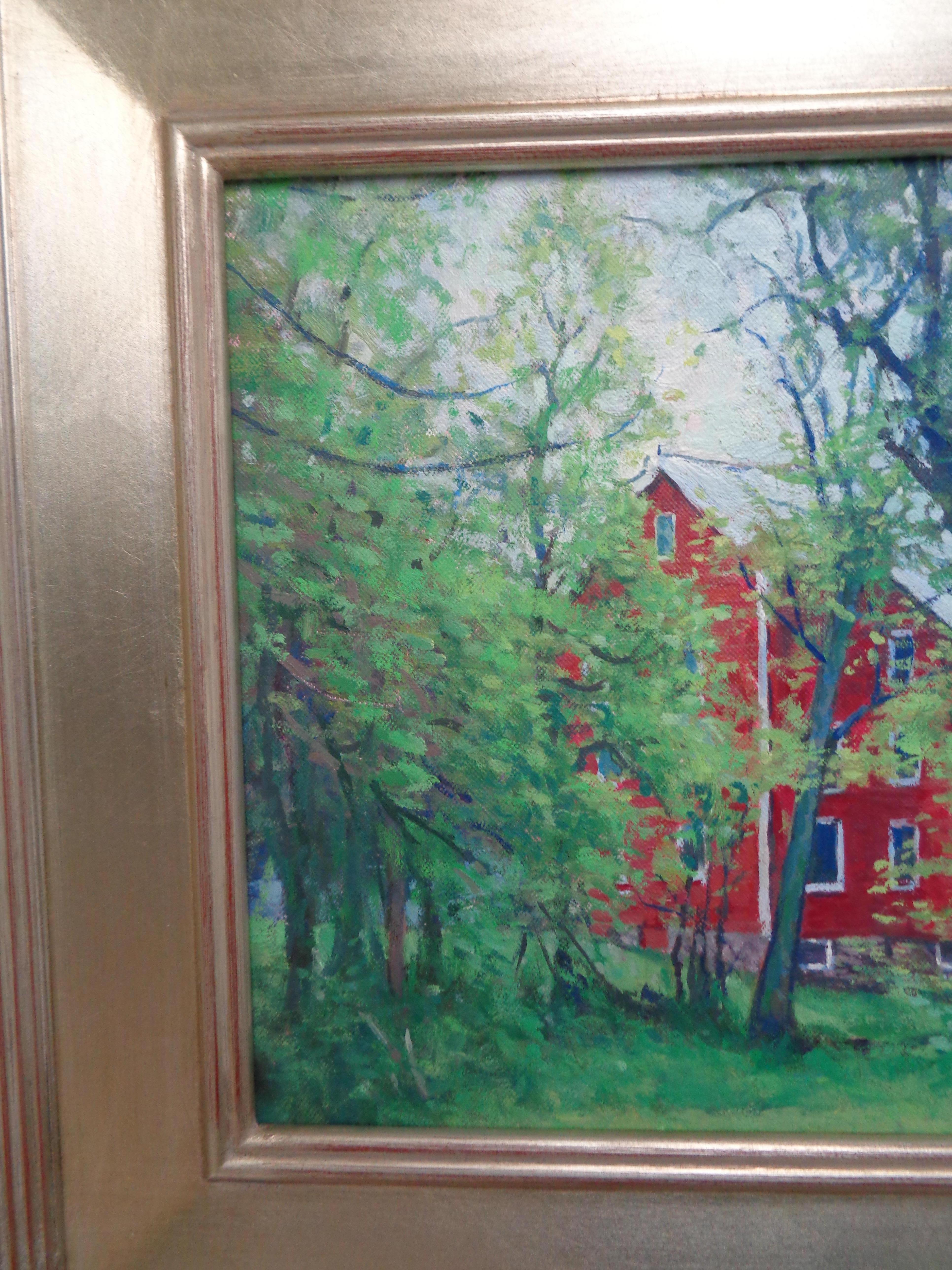 Landschaft Ölgemälde von  Spring Farm Thru Trees von Michael Budden im Angebot 2