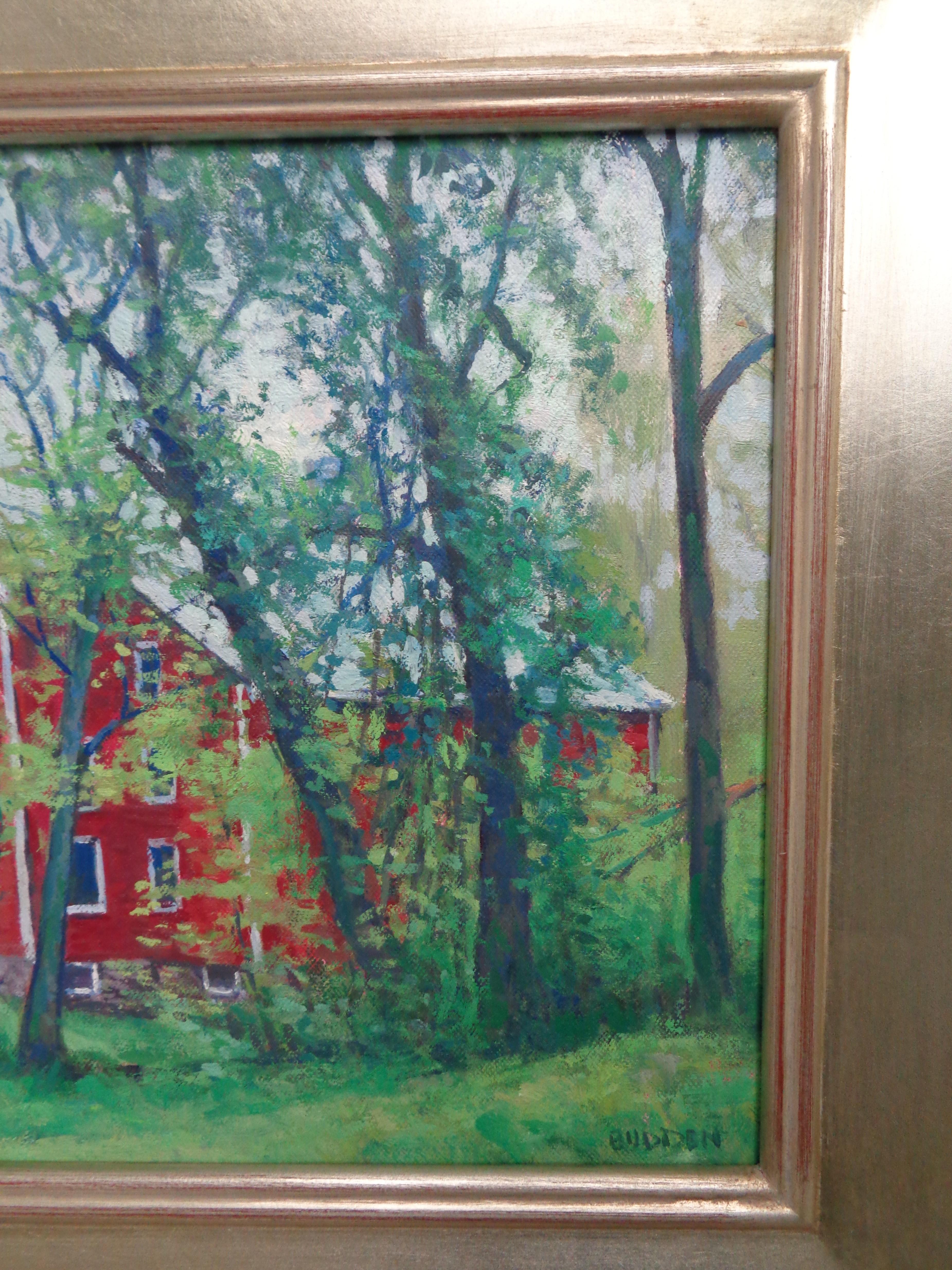 Landschaft Ölgemälde von  Spring Farm Thru Trees von Michael Budden im Angebot 4