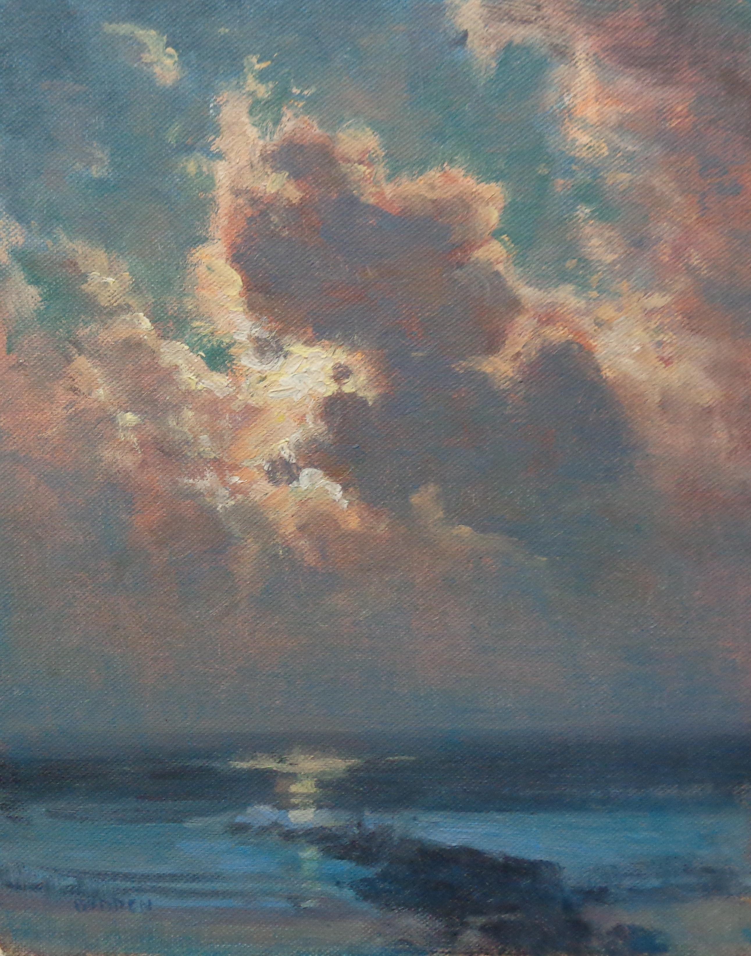 Landschaft, Meereslandschaft, impressionistisches Ölgemälde von Michael Budden, Mondlicht im Angebot 1