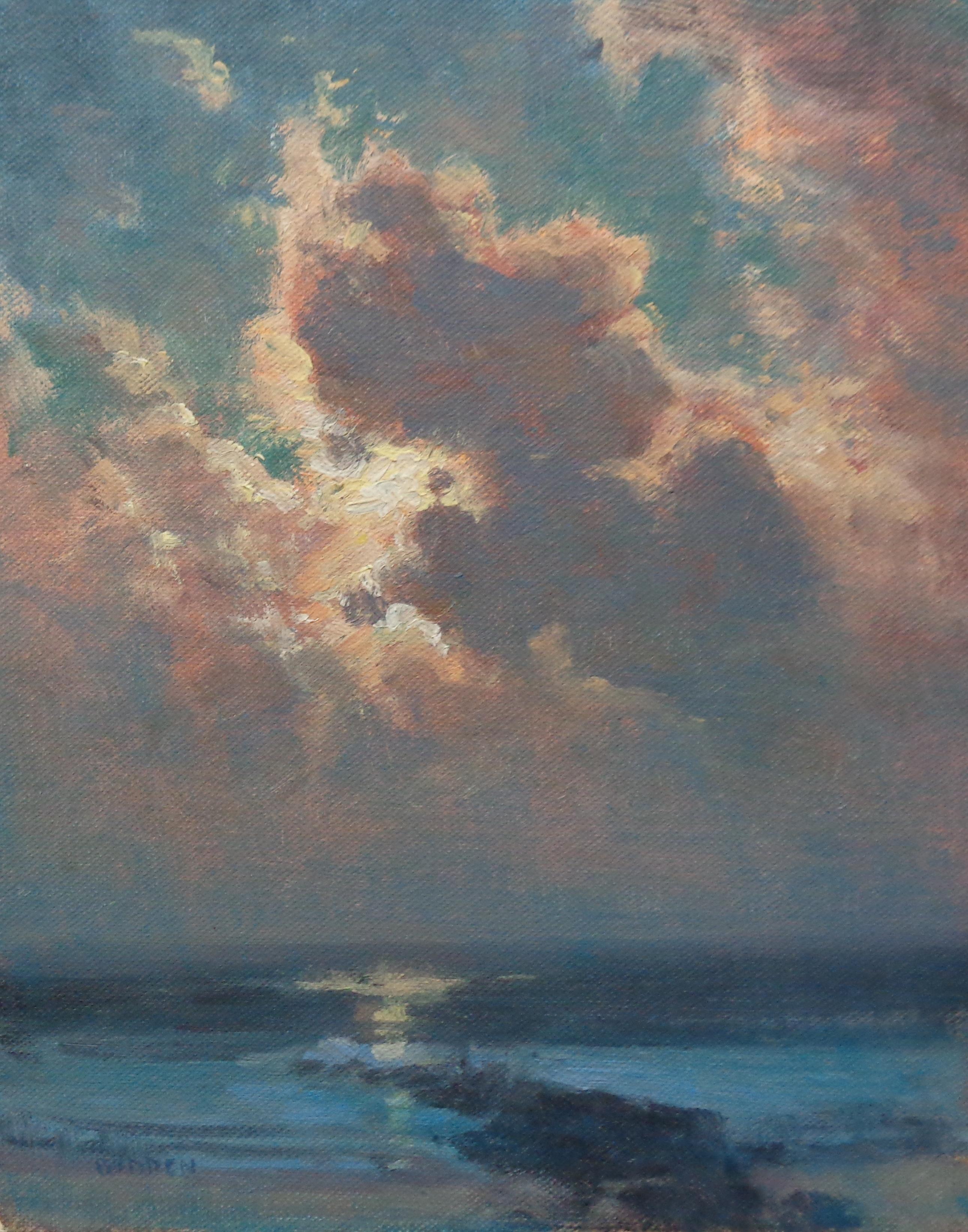 Paesaggio marino Impressionista dipinto ad olio da Michael Budden Chiaro di luna 1