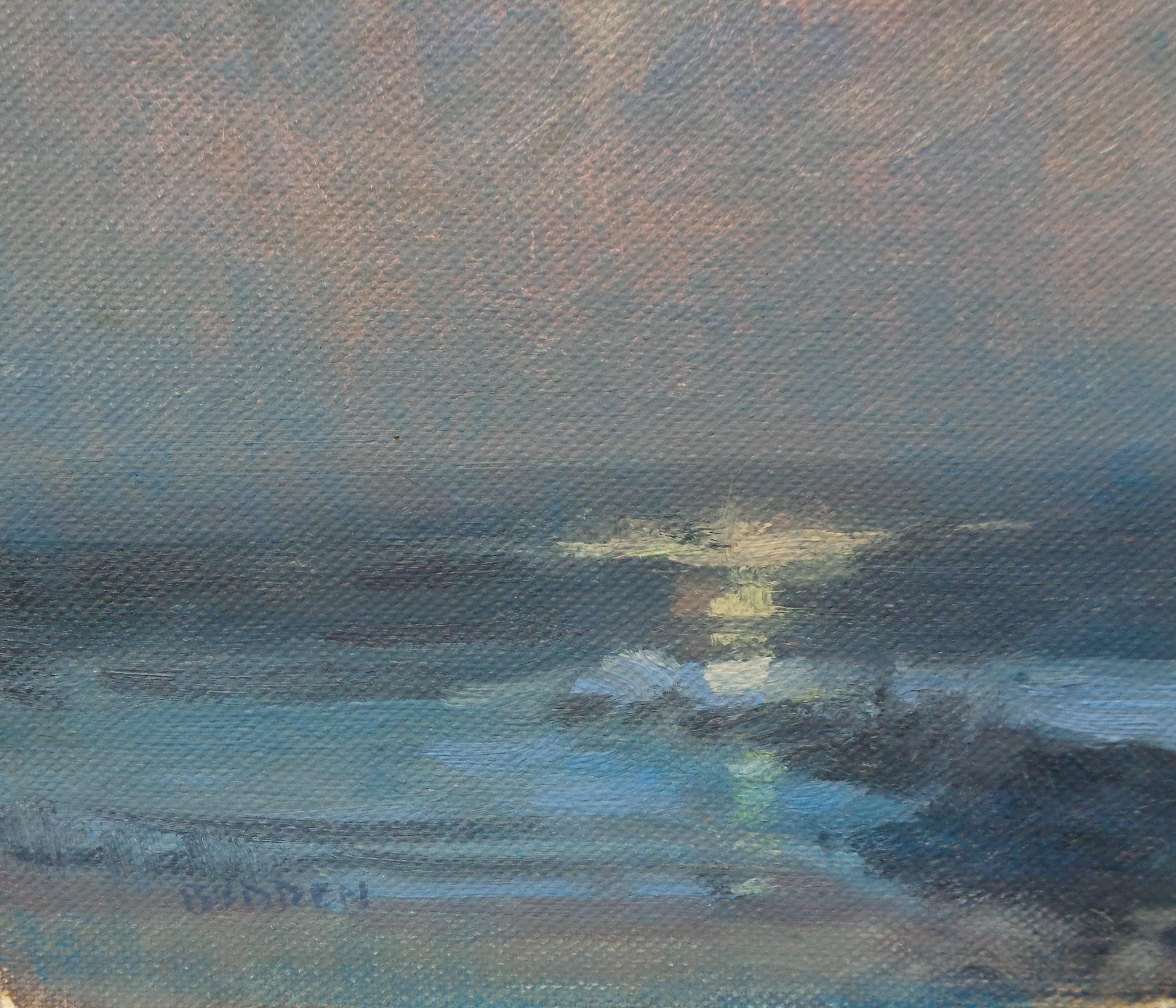 Landschaft, Meereslandschaft, impressionistisches Ölgemälde von Michael Budden, Mondlicht im Angebot 2