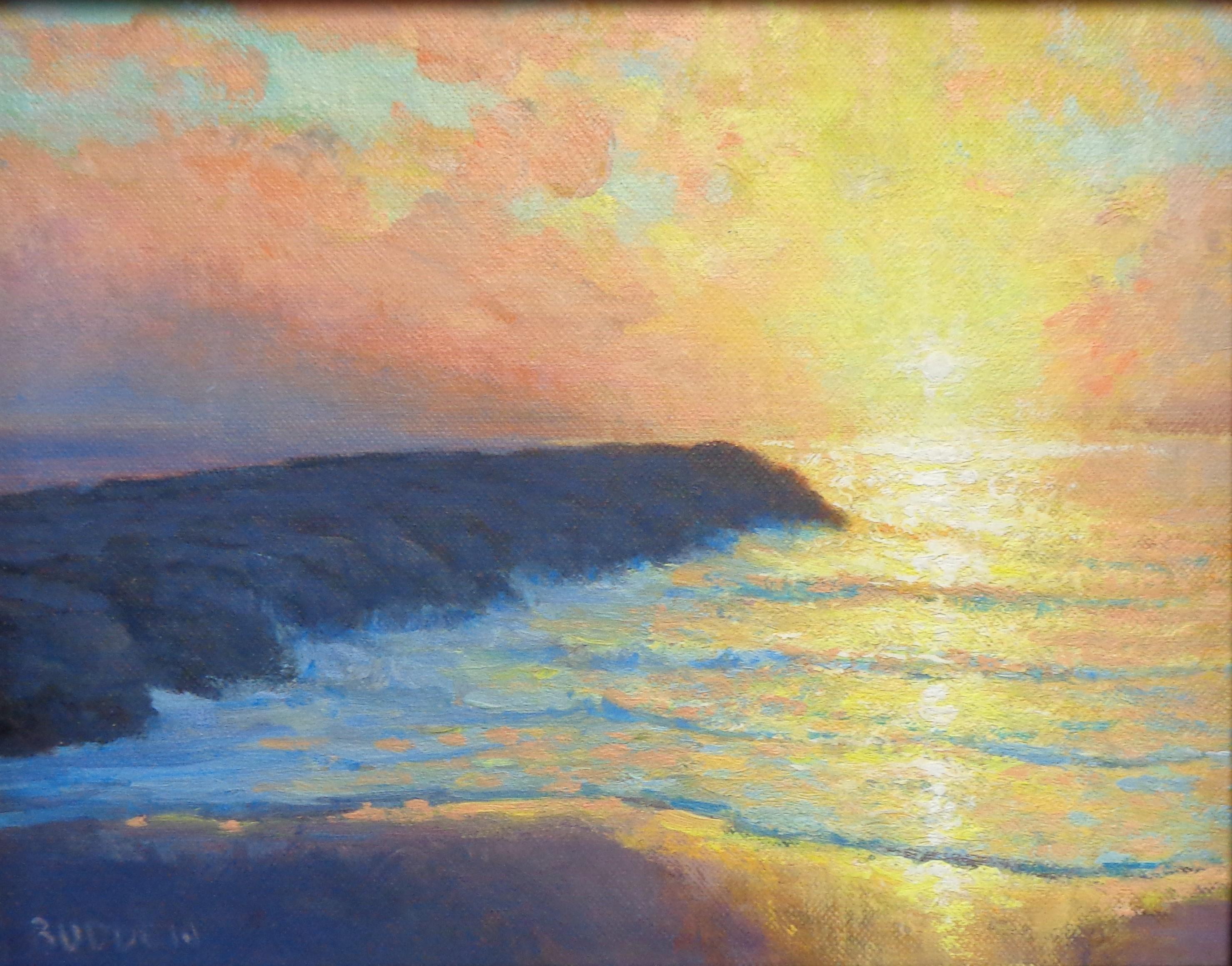 Paesaggio marino Pittura a olio impressionistica di Michael Budden Alba in vendita 1