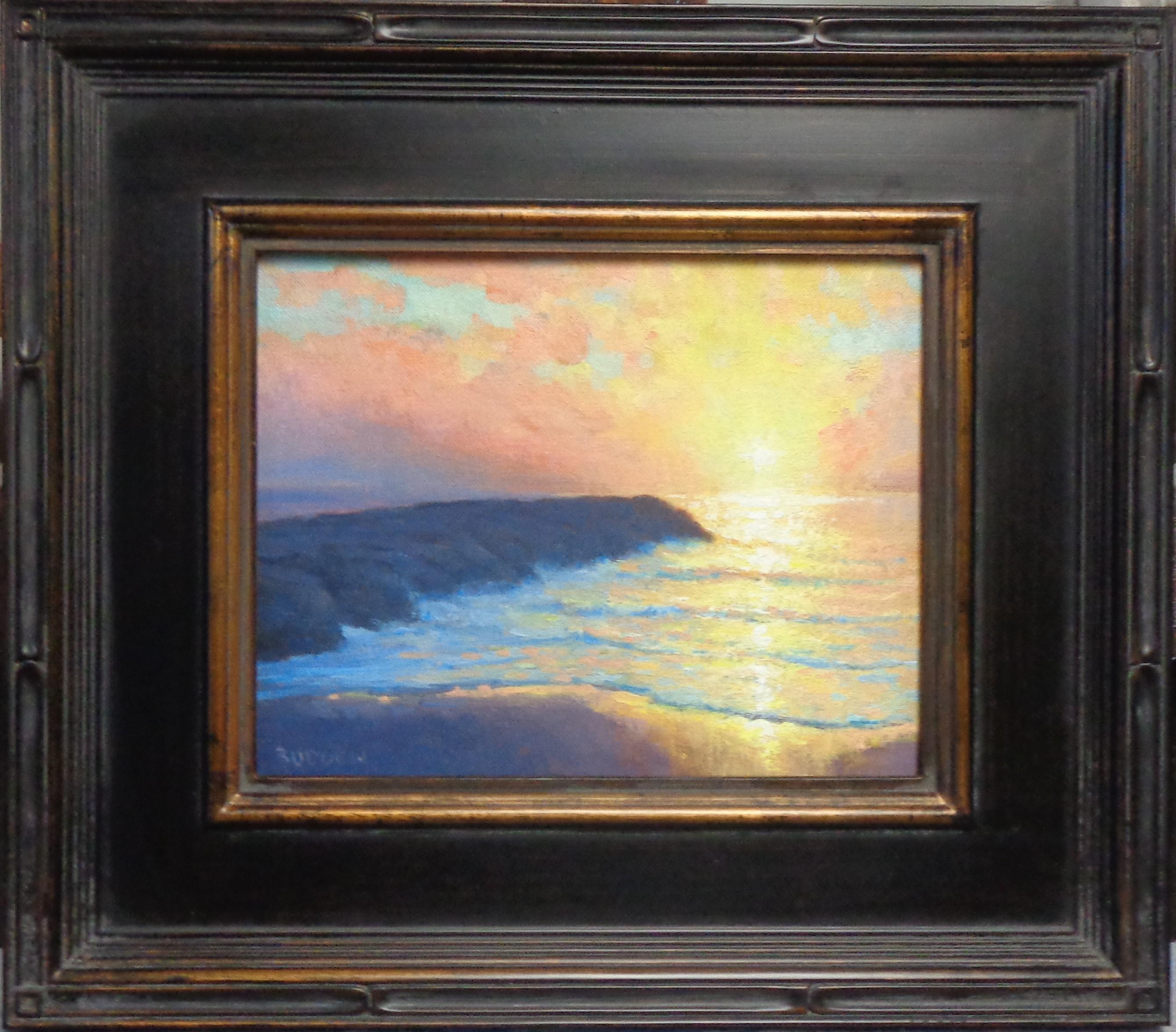 Sweet Sunrise
oil/panel
10 x 8 unframed, 14.25 x 16.25 framed
Sweet Sunrise is an oil painting on canvas by award winning contemporary artist Michael Budden that showcases a breath taking  sunrise over the water created in an impressionistic realism