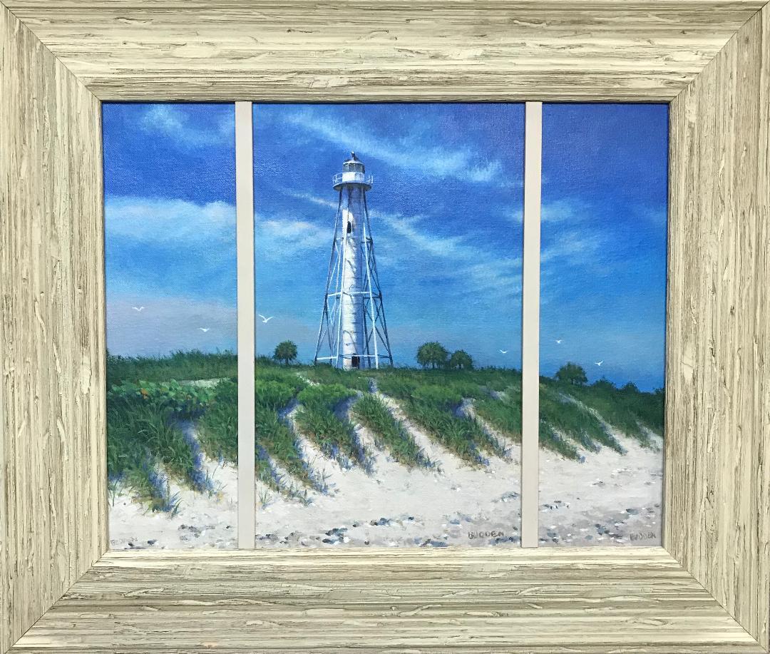 Here is a triptych oil painting on canvas panel by award winning contemporary artist Michael Budden that showcases the Range Light House located in Boca Grande FL, seascape created in an impressionistic realism style. The painting exudes the very