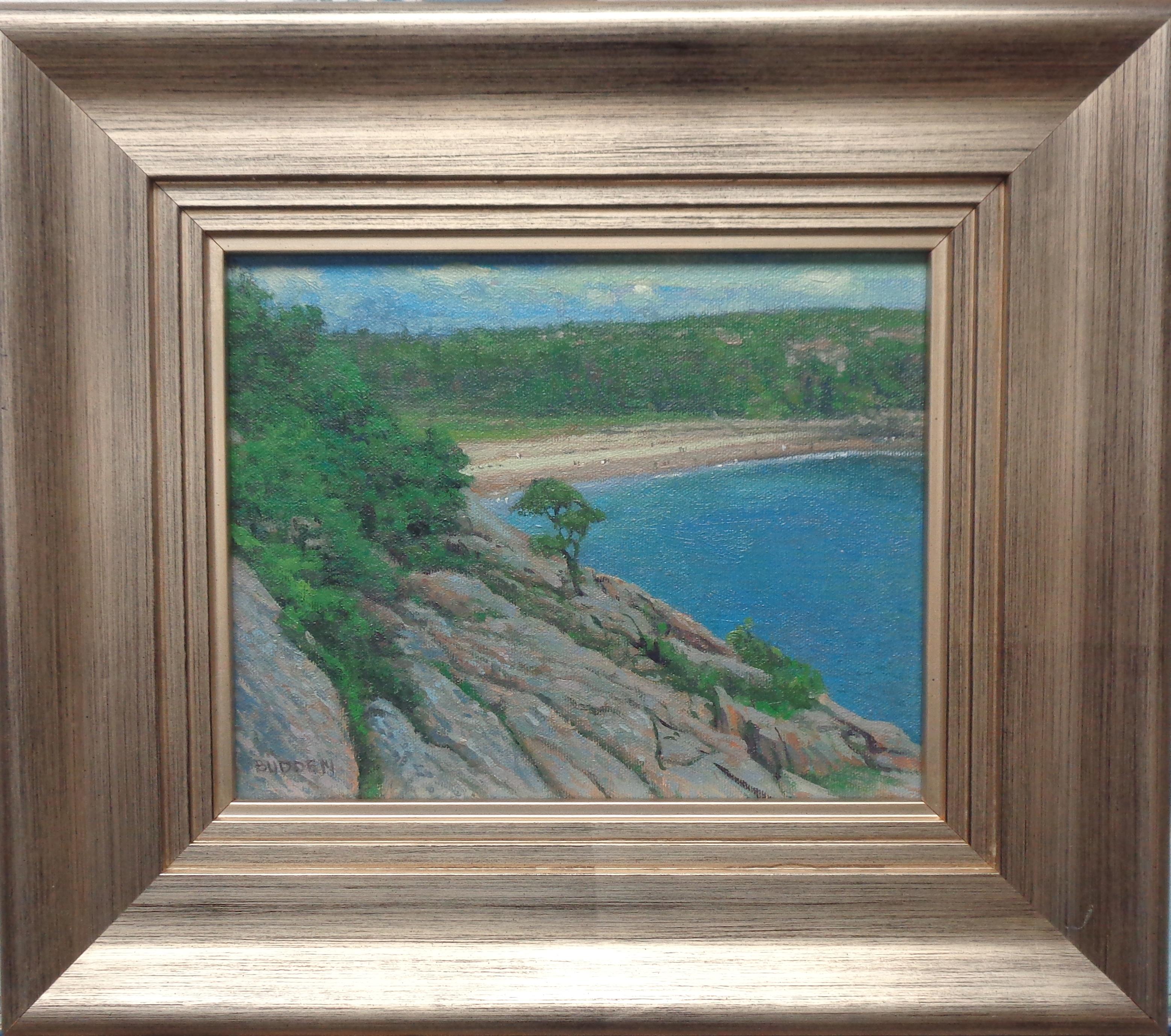Sand beach Overlook is an oil painting on canvas by award winning contemporary artist Michael Budden that showcases a beautiful view of Sand Beach in Acadia National Park. The image measures 8 x 10 unframed and 13.50 x 15.50 framed.  
ARTIST'S