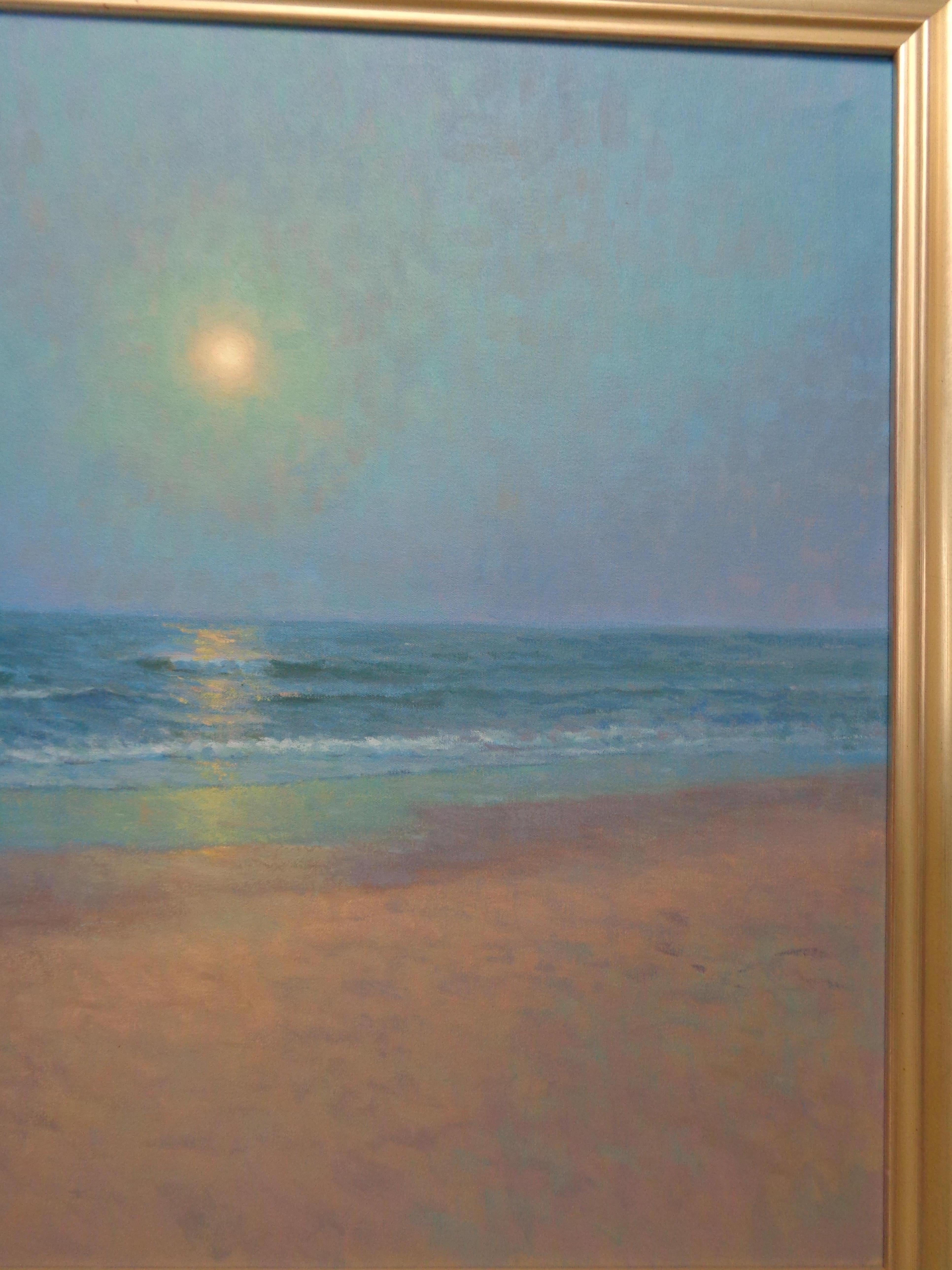An oil painting on canvas by award winning contemporary artist Michael Budden that showcases a romantic moonlit seascape created in an impressionistic realism style with a slight touch of post impressionistic brushwork. The painting exudes the very