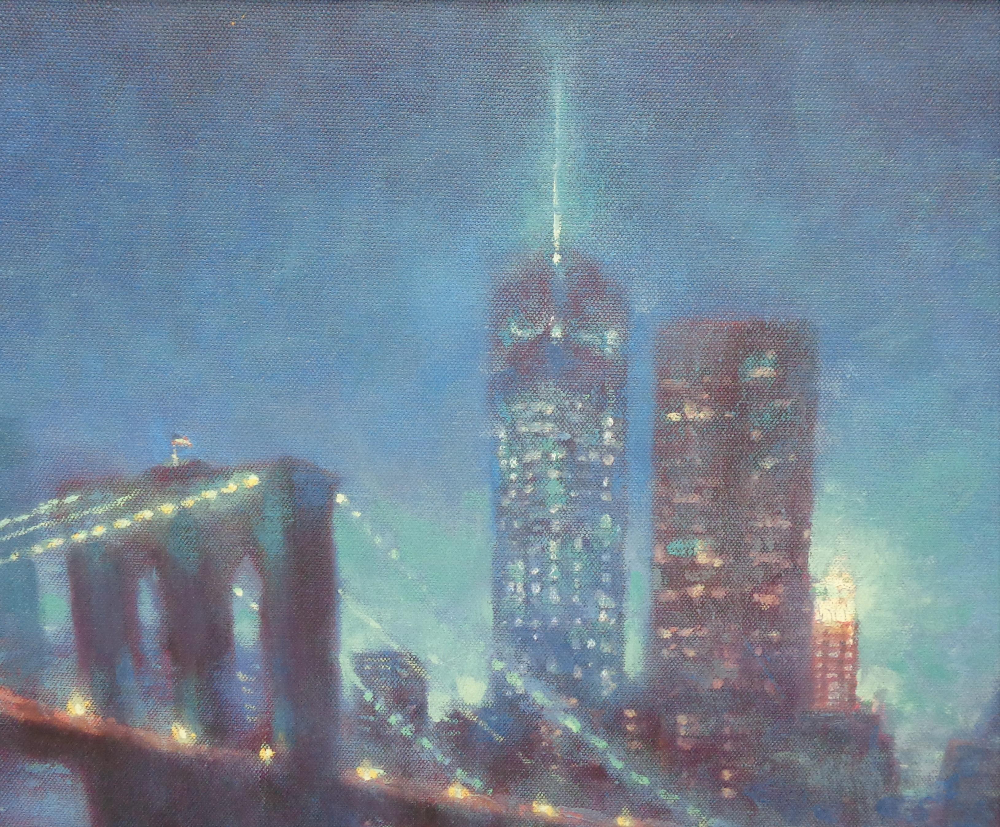 Peinture à l'huile de Michael Budden représentant le pont de Brooklyn et la tour Freedom à New York en vente 1