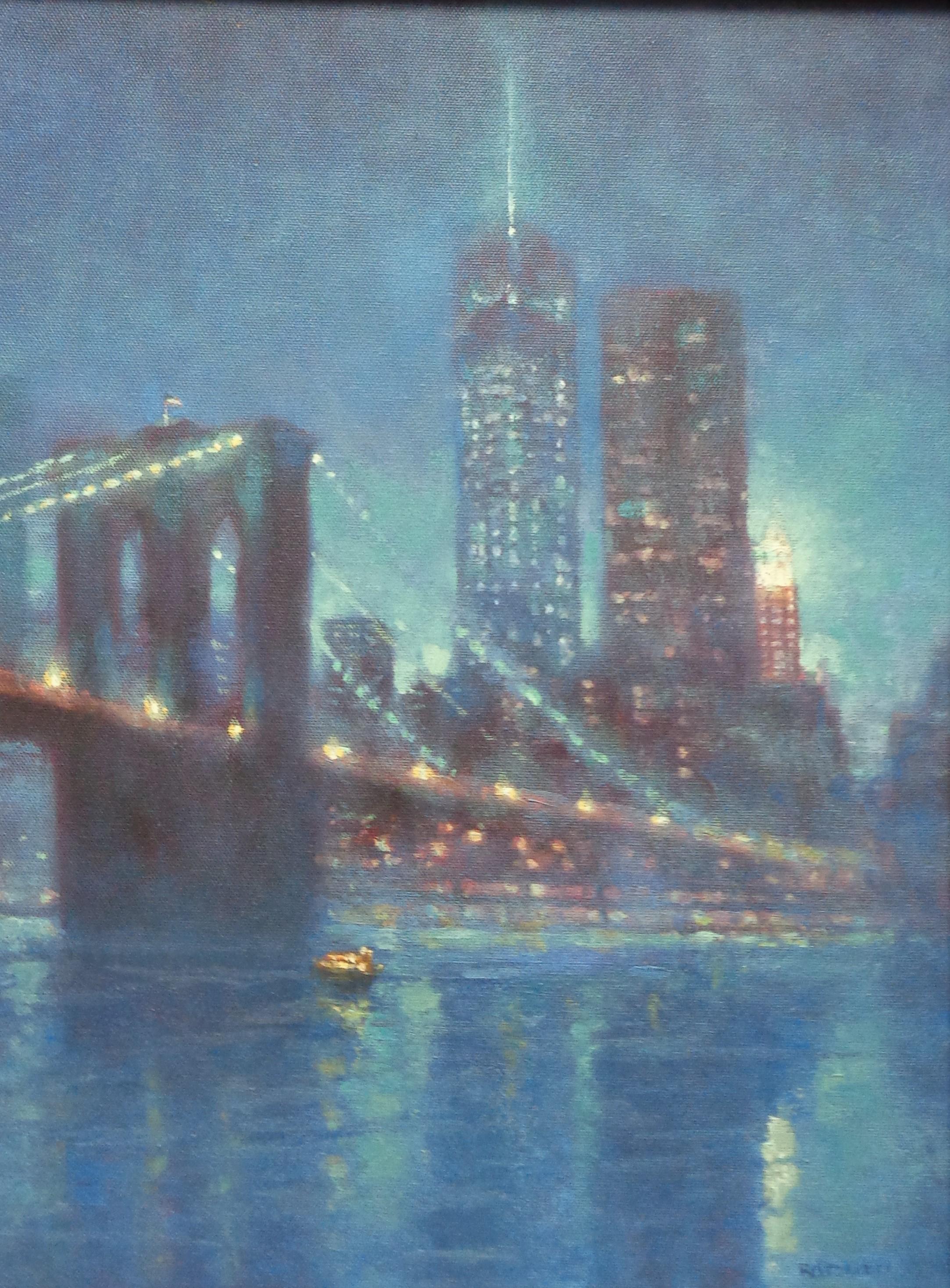 New York City Brooklyn Bridge & Freedom Tower Oil Painting by Michael Budden For Sale 2