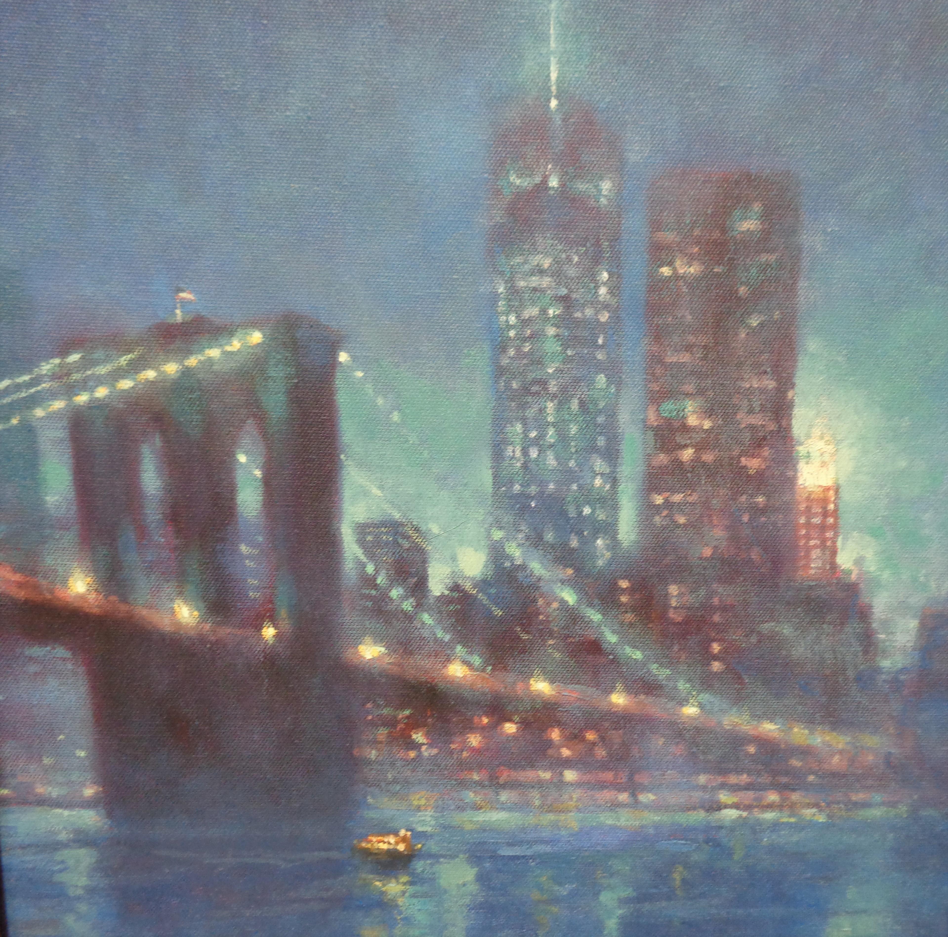 Peinture à l'huile de Michael Budden représentant le pont de Brooklyn et la tour Freedom à New York en vente 3