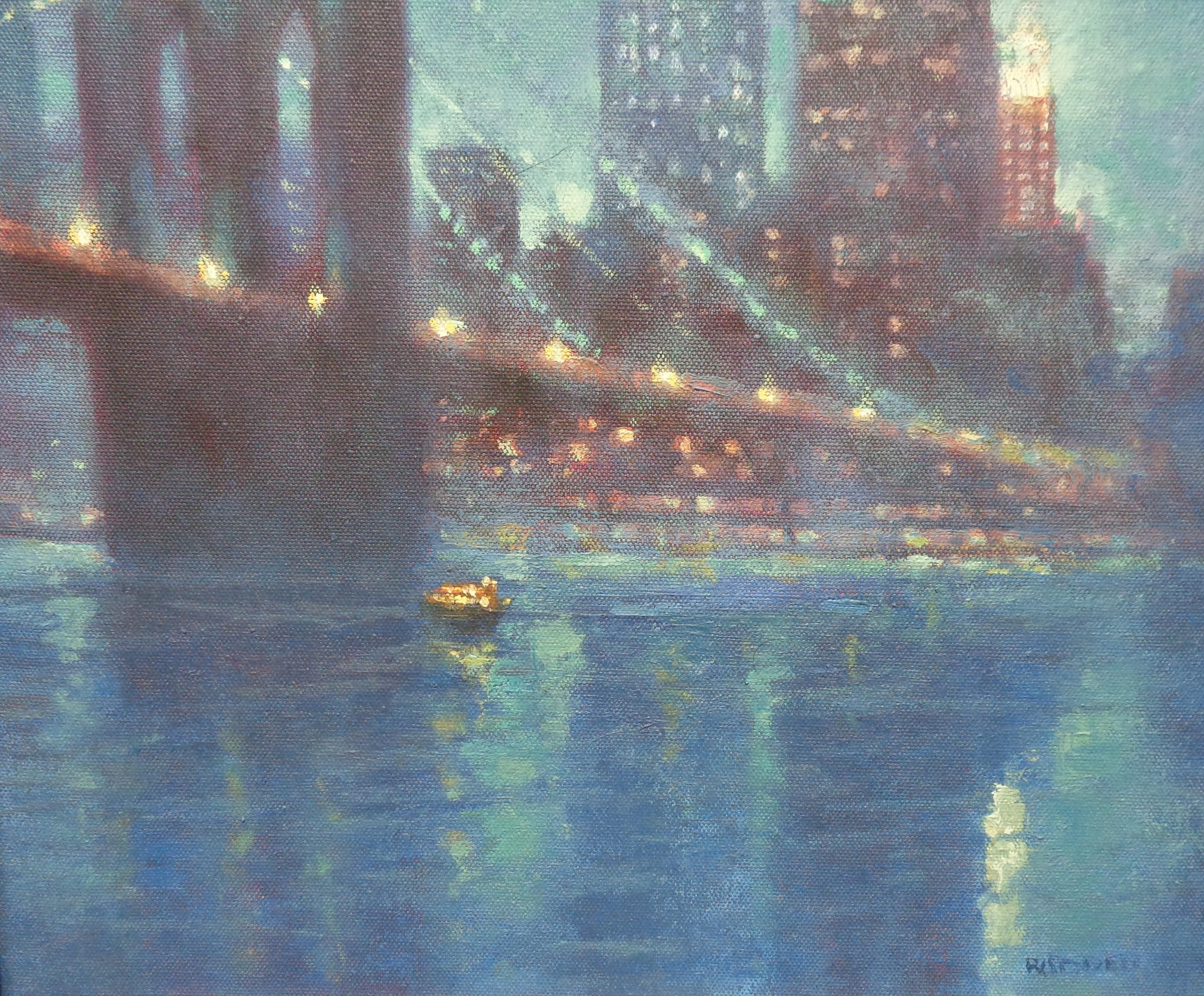 Peinture à l'huile de Michael Budden représentant le pont de Brooklyn et la tour Freedom à New York en vente 4