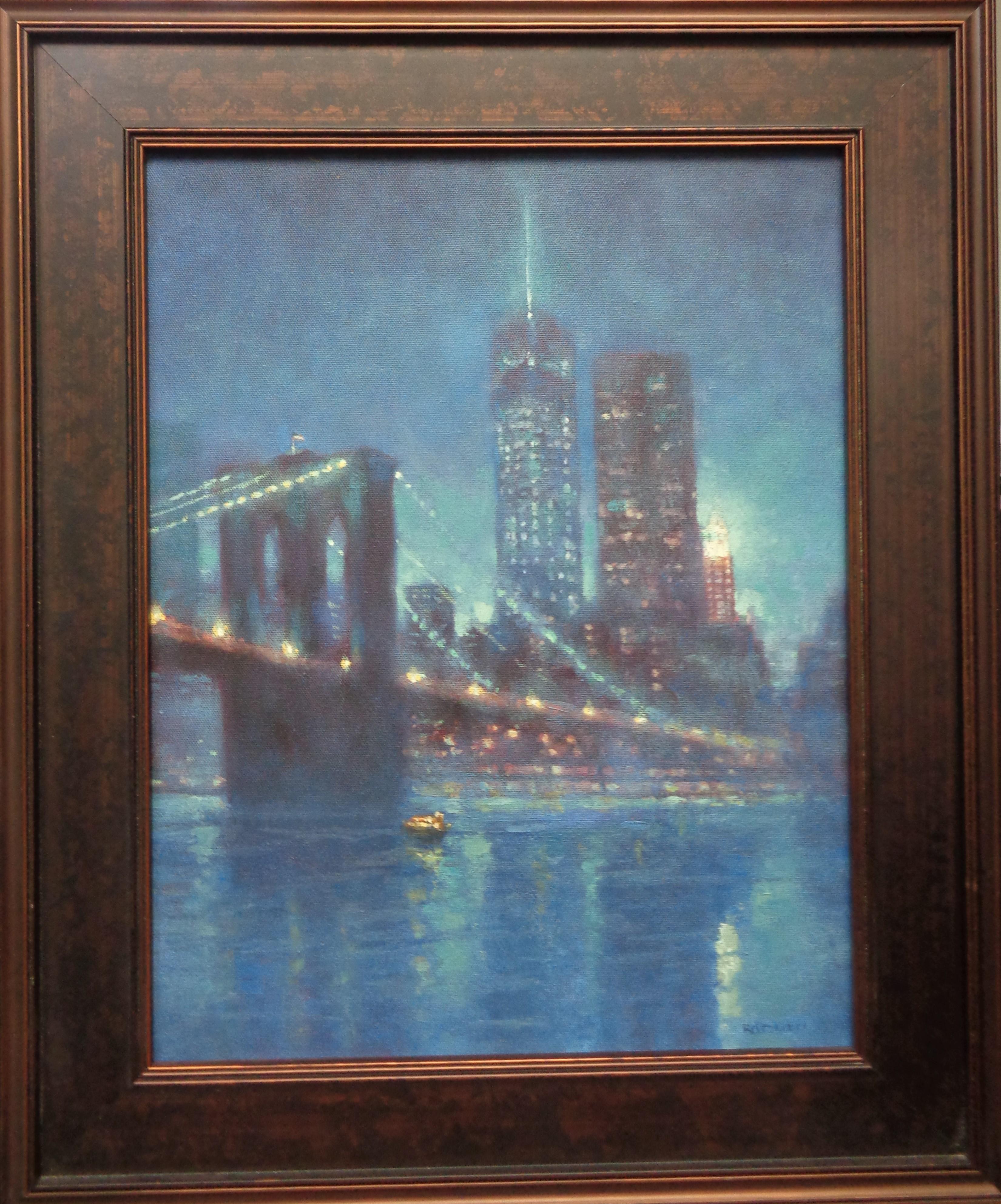 Mystical Evening Freedom Tower est une peinture à l'huile sur toile de l'artiste contemporain primé Michael Budden, qui met en valeur la nouvelle Freedom Tower dans le sud de Manhattan par une soirée brumeuse. L'image est de 18 x 14 et de 23,5 x