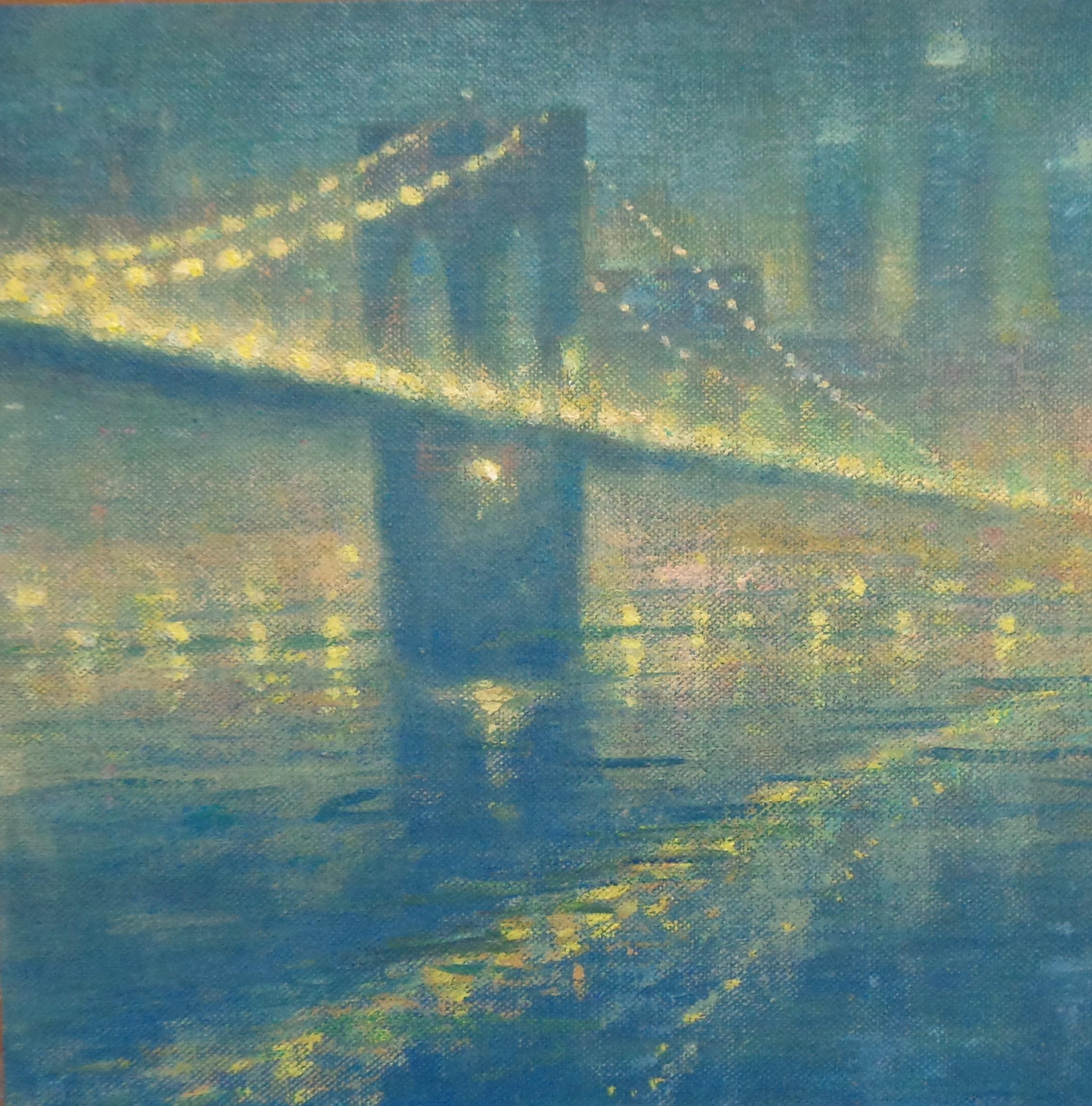 Foggy Evening Brooklyn Bridge is an oil painting  on canvas panel by award winning contemporary artist Michael Budden. Brooklyn Bridge is obviously a favorite spot to hit while visiting NYC and an iconic image for sure.  I enjoy playing with light