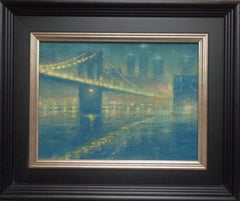  New York City Brooklyn Bridge Oil Painting Michael Budden  Foggy Evening