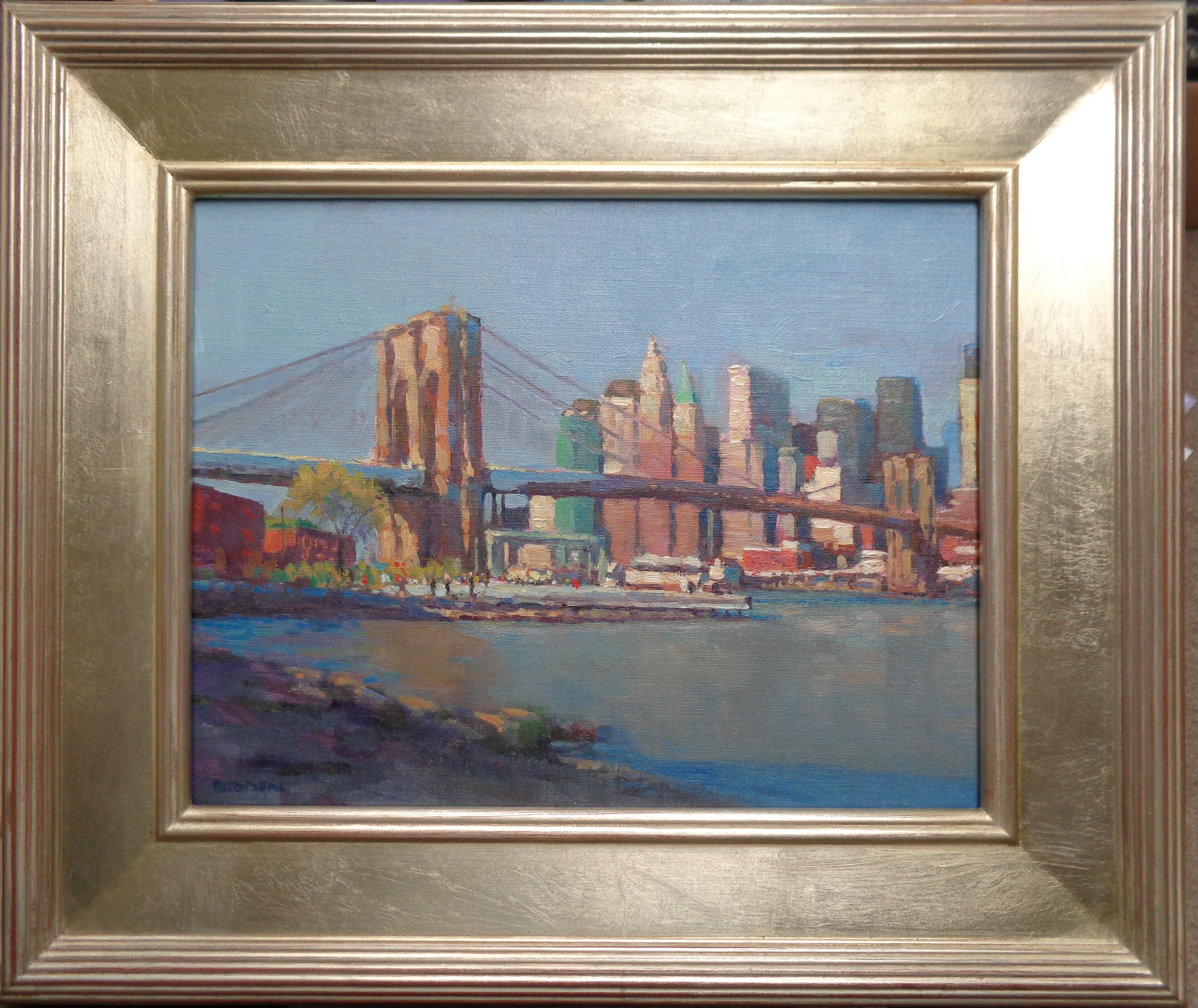 Here is   beautiful plein air painting done on location in Brooklyn of the Brooklyn Bridge back in 2011. It has hung in my collection since and one of my favorite plein airs to date. The painting has a beautiful quality of light and paint that you