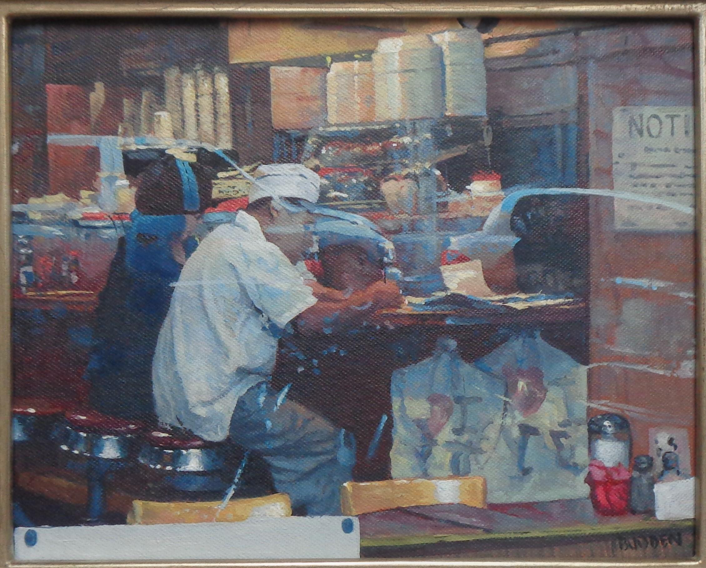 Transparency & Reflection, A NYC Diner
oil/panel
8 x 10 unframed, 14.5 x 16.5 framed, is a realistic oil painting by award winning contemporary artist Michael Budden that showcases  multiple levels of imagery. Dealing with both reflections and