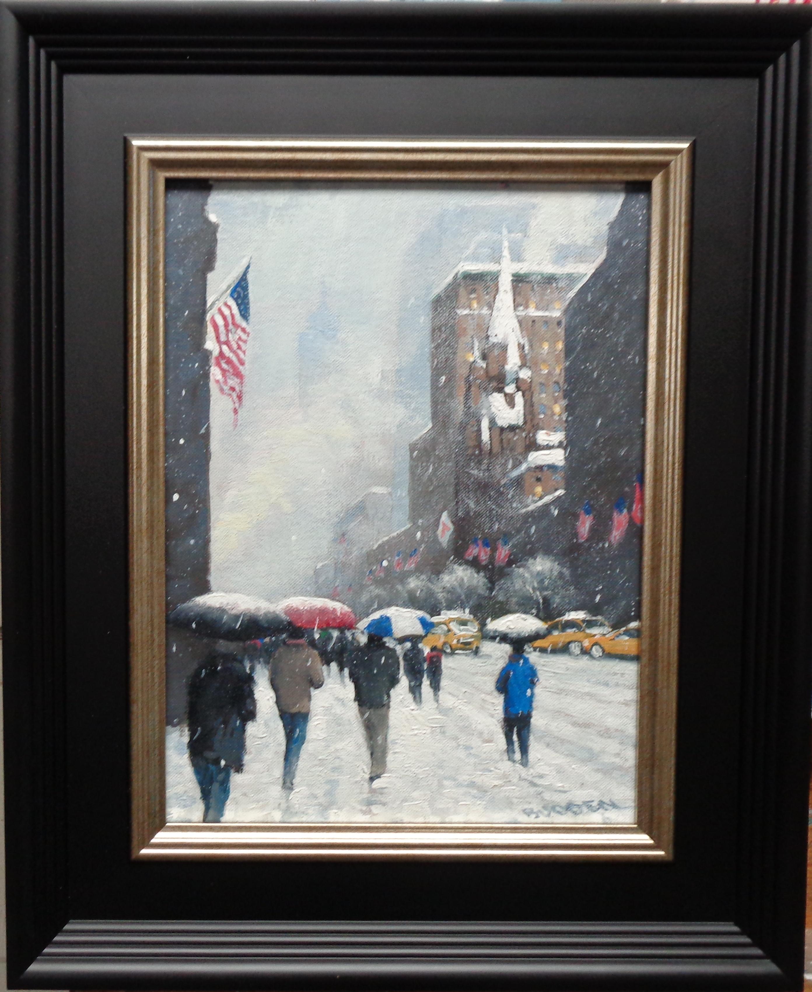 Upper Fifth Avenue Flags, an oil painting on canvas panel by award winning contemporary artist Michael Budden that showcases the bustling life and the beautiful winter flags along Fifth Ave in NYC. The image measures 12 x 9 unframed 17 x 14