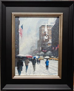 New York City Winter Flags Oil Painting of Fifth Avenue by Michael Budden