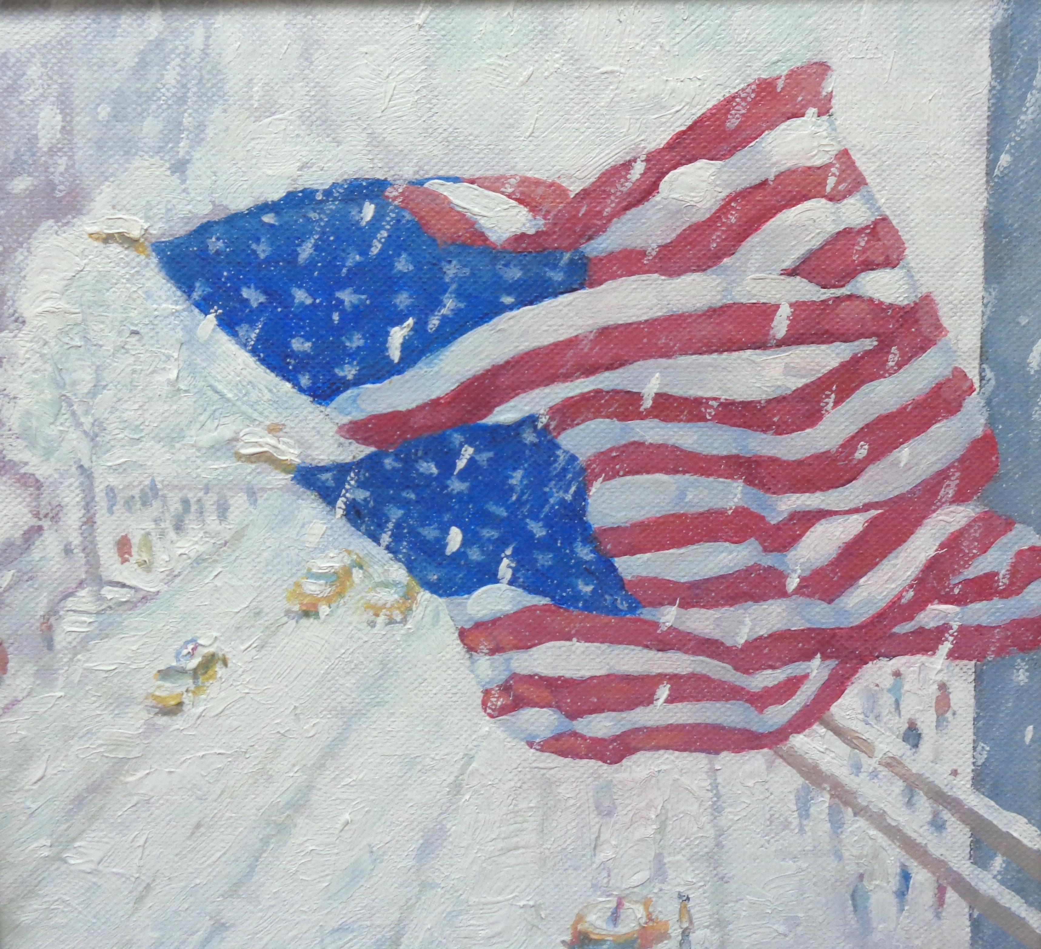   New York City Flags Original Winter Cityscape Urban Painting by Michael Budden For Sale 1