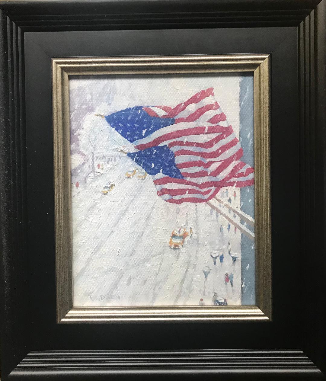 Glory Above the Crowd
An oil painting on canvas panel by award winning contemporary artist Michael Budden that showcases the bustling life and the beautiful flags on a wintry afternoon in NYC. The image measures 10 x 8 unframed and 15.5 x 13.5