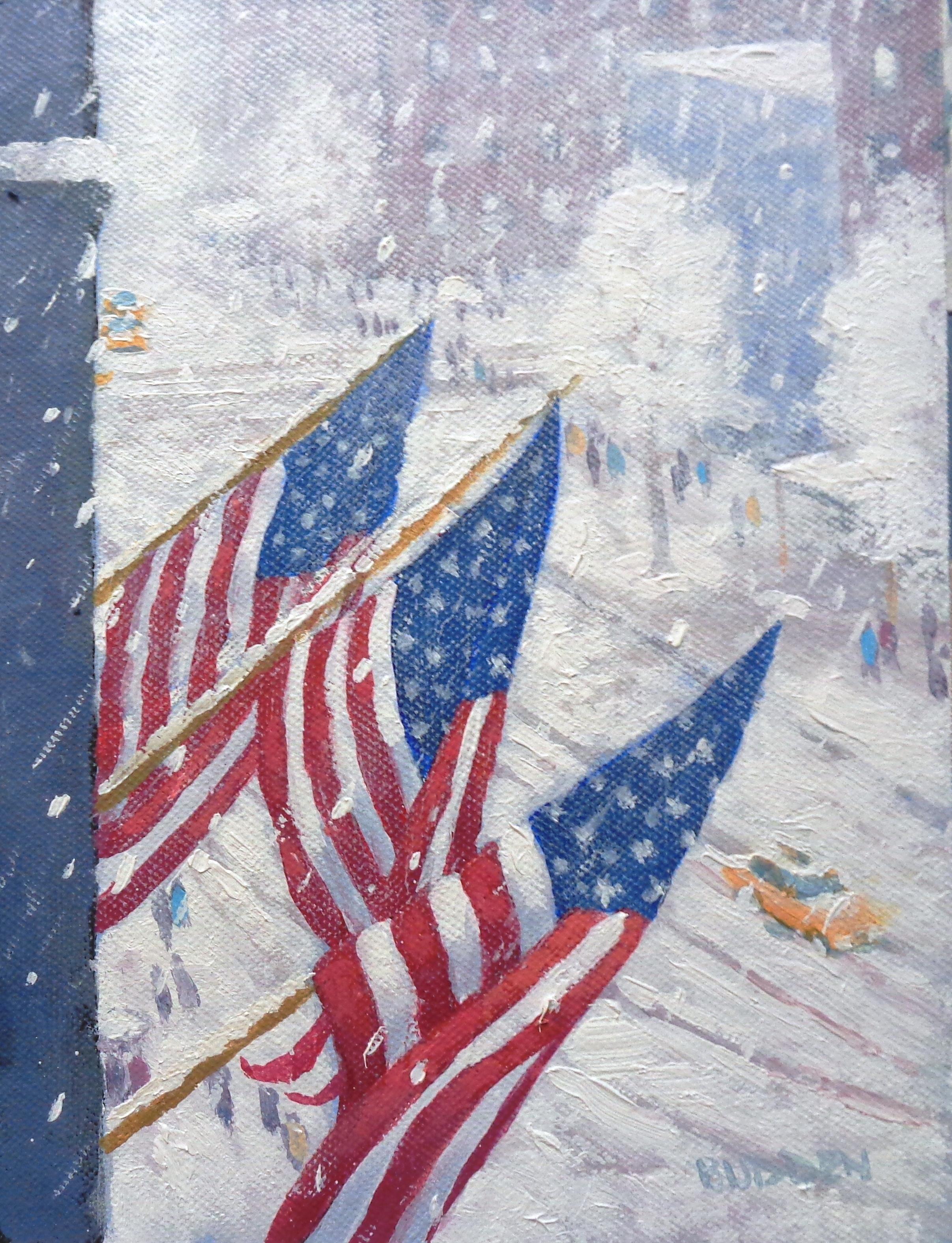 New York City Flaggen Winter Stadtlandschaft Stadtbild Ölgemälde von Michael Budden im Angebot 1