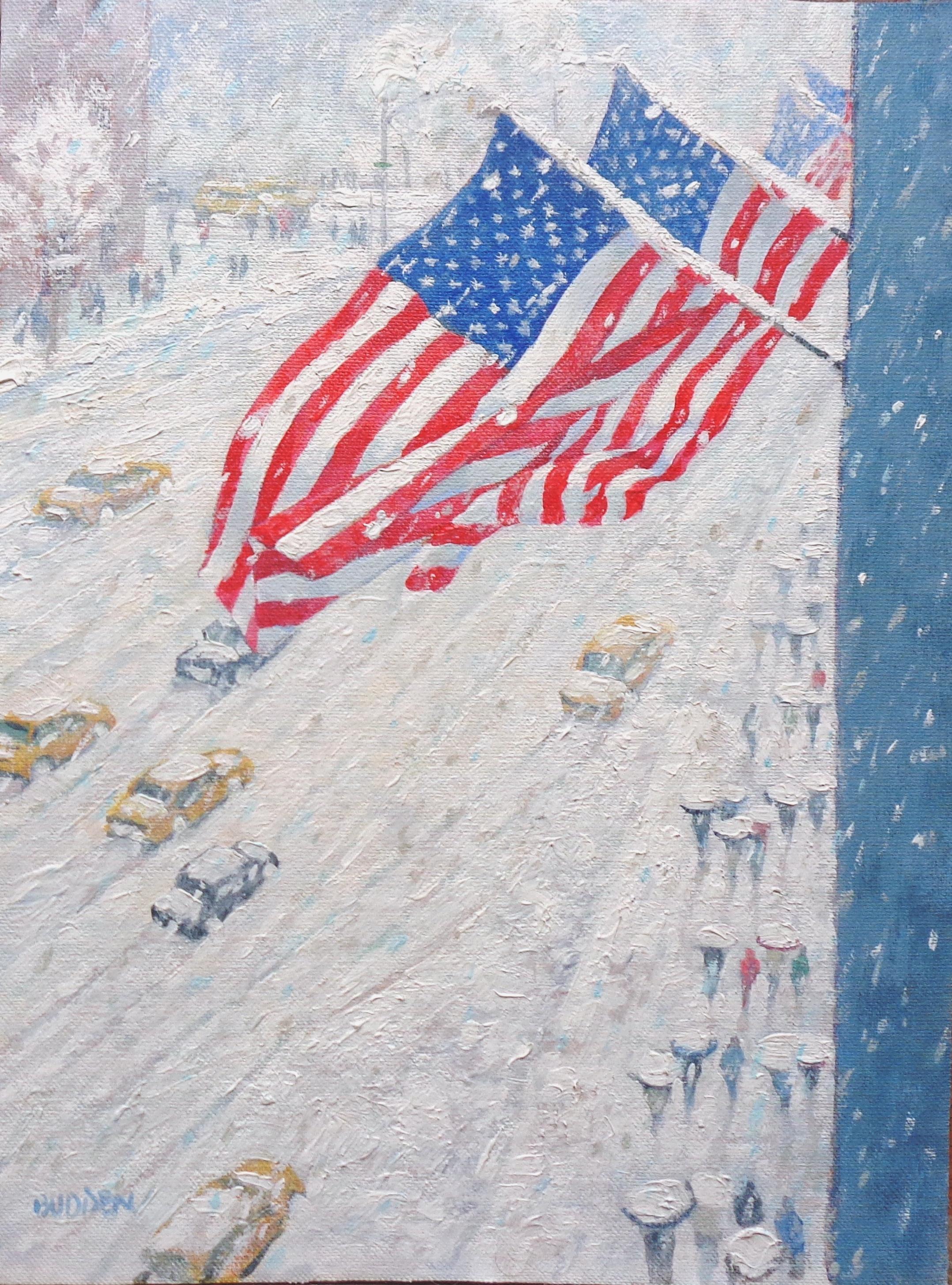 New York City Flags Winter Cityscape Urban Oil Painting by Michael Budden For Sale 1