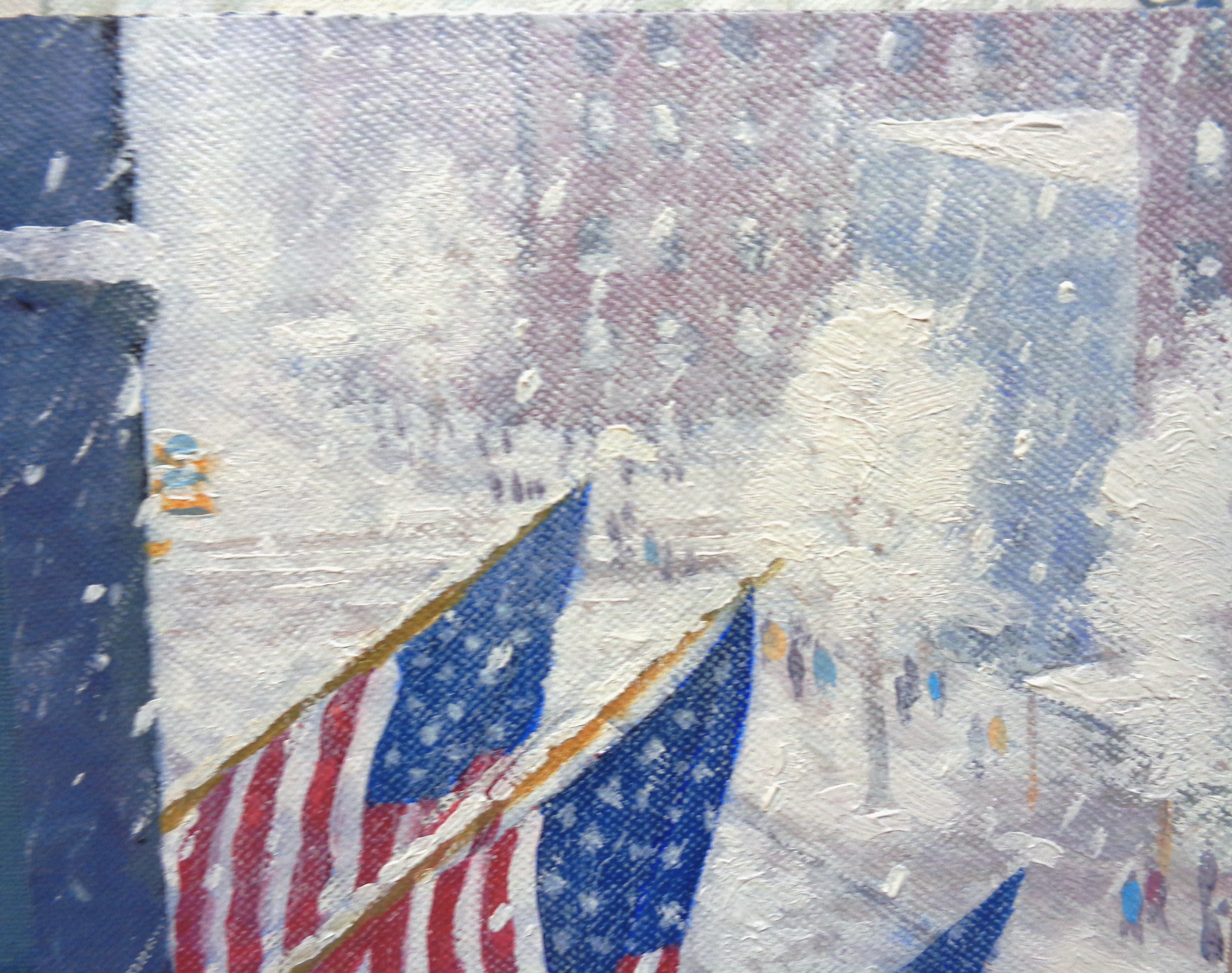 New York City Flaggen Winter Stadtlandschaft Stadtbild Ölgemälde von Michael Budden im Angebot 2