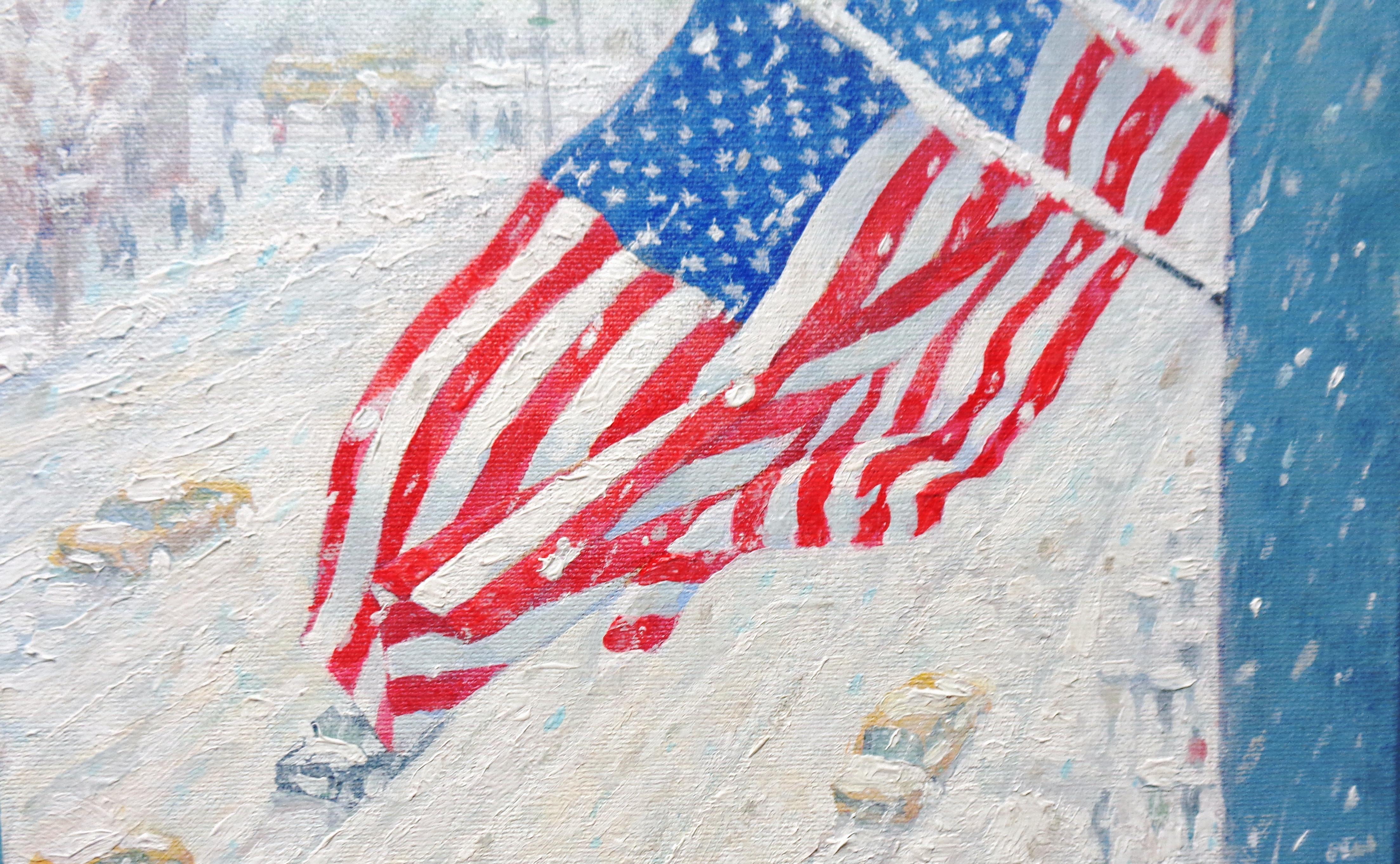 New York City Flags Winter Cityscape Urban Oil Painting by Michael Budden For Sale 2