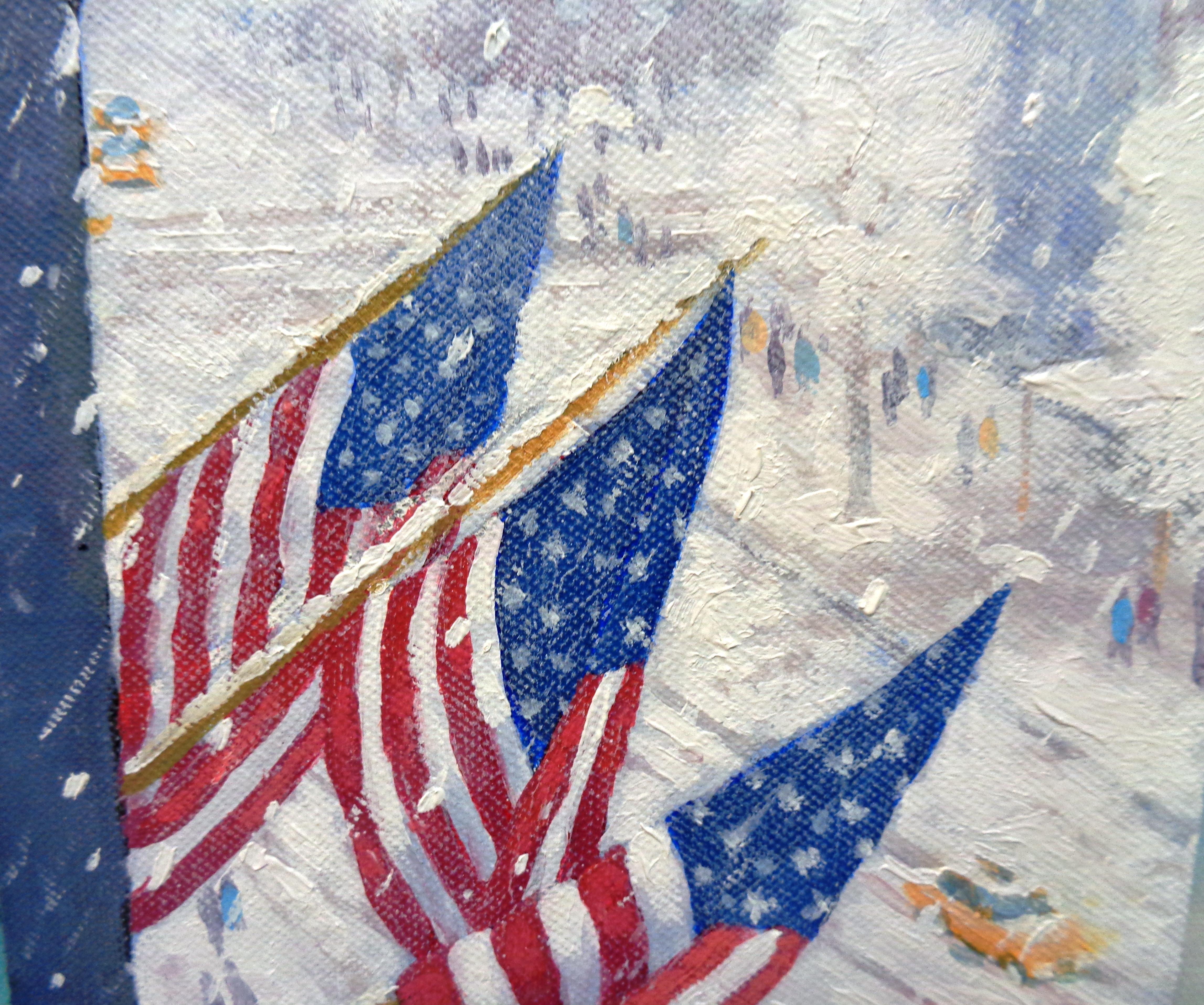 New York City Flaggen Winter Stadtlandschaft Stadtbild Ölgemälde von Michael Budden im Angebot 3