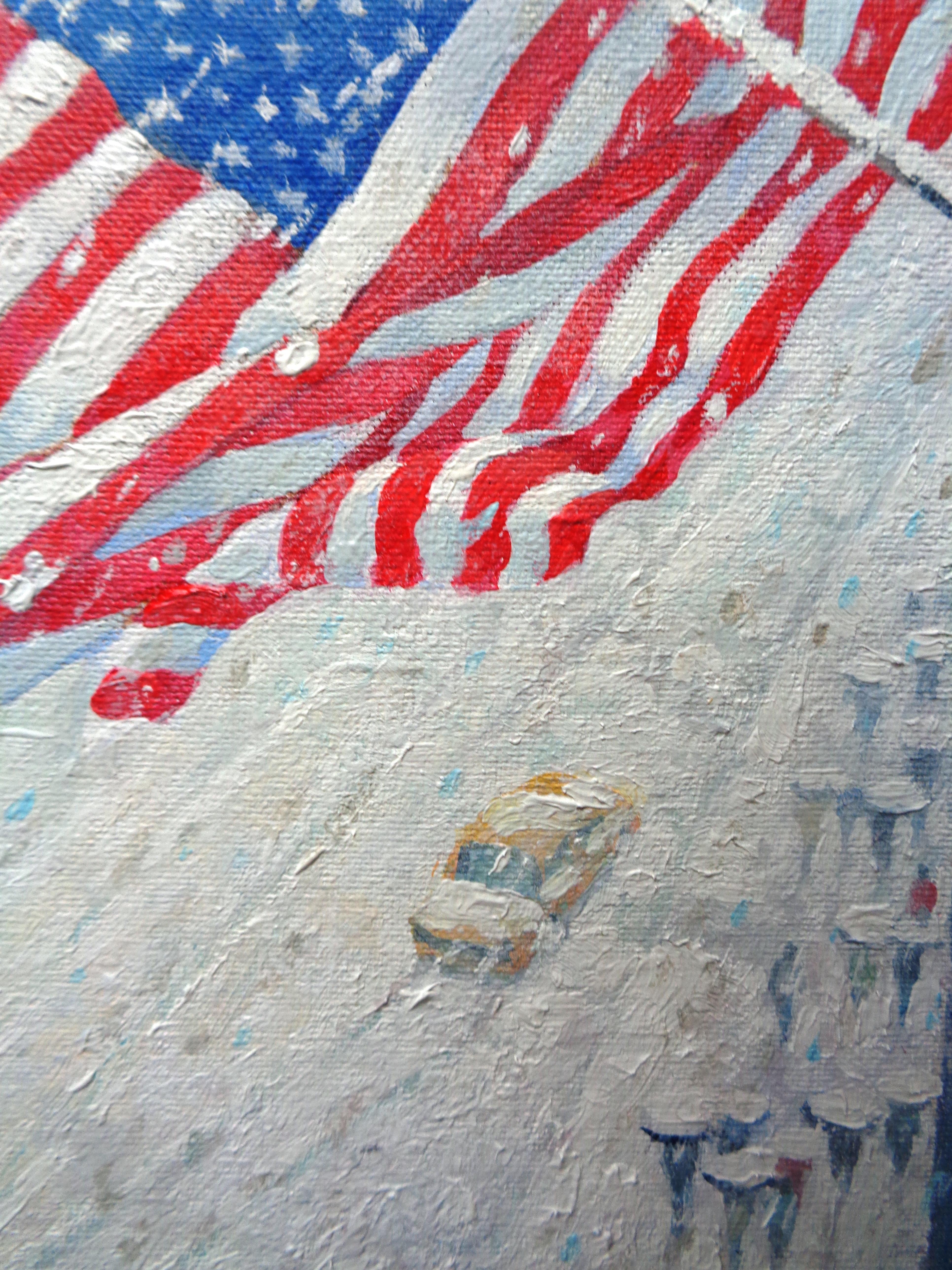 New York City Flags Winter Cityscape Urban Oil Painting by Michael Budden For Sale 4