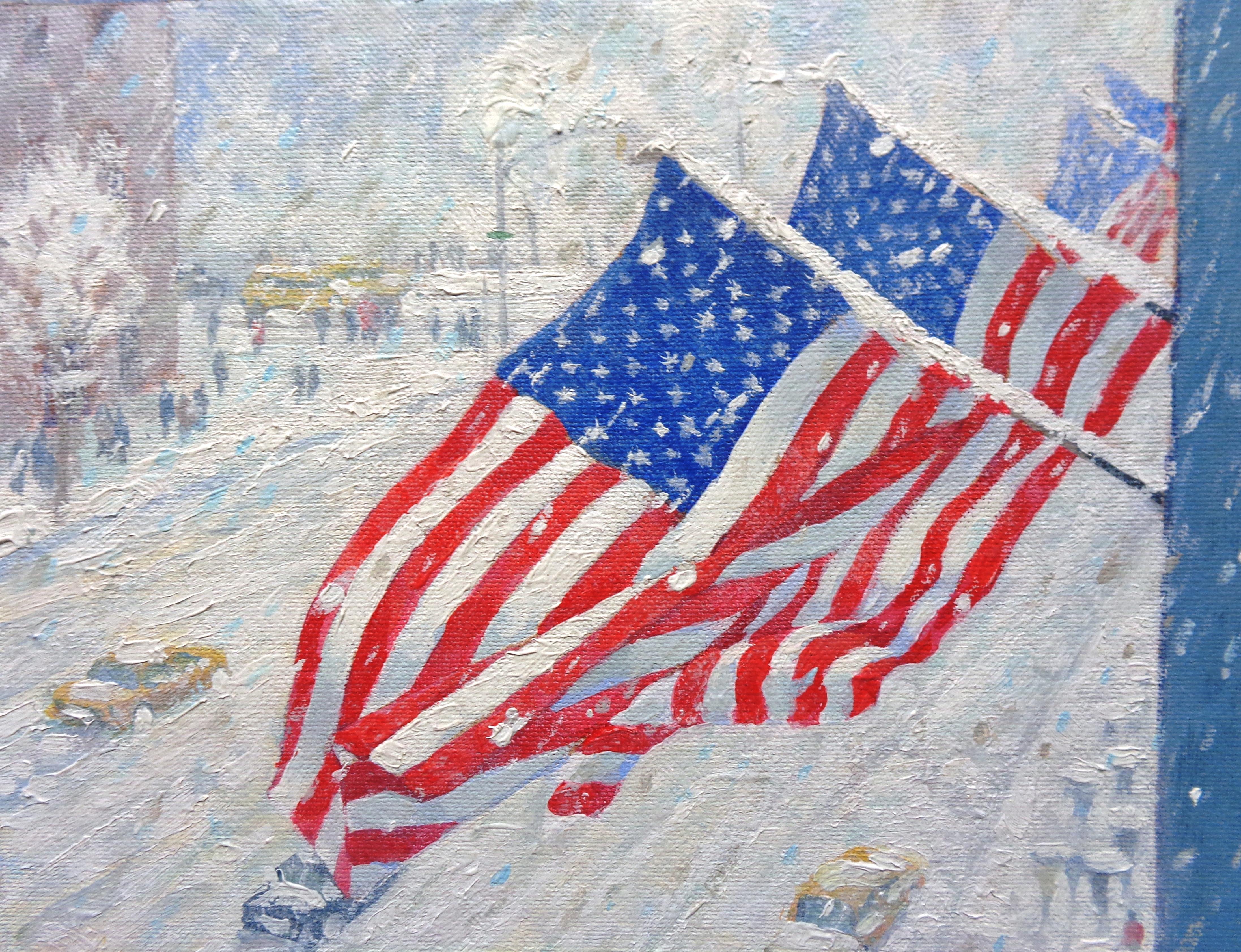 New York City Flags Winter Cityscape Urban Oil Painting by Michael Budden For Sale 5