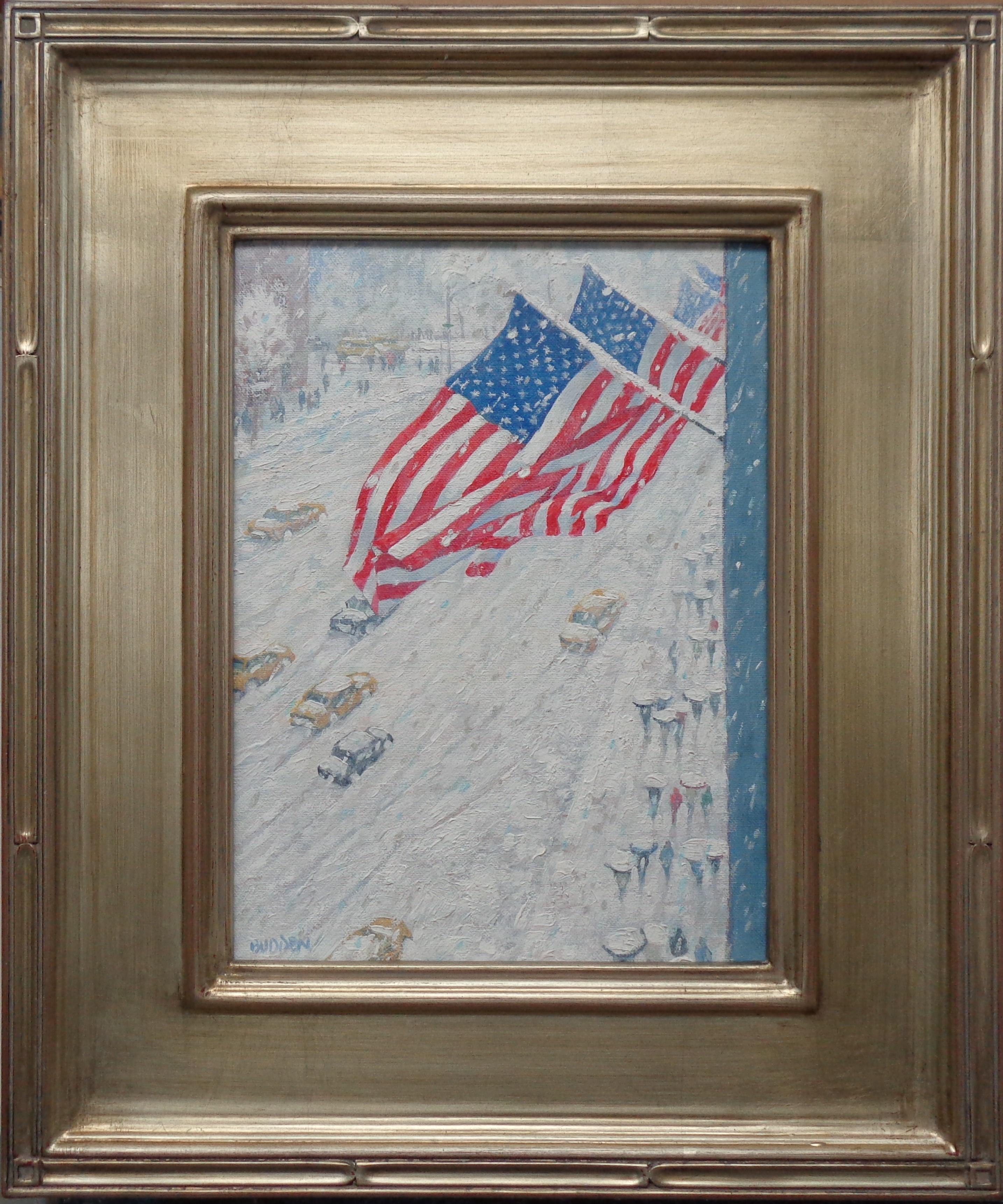 Flags Above the Avenue
The image measures 12 x 9 unframed, 18.5 x 15.5 framed
 An oil painting on canvas panel by award winning contemporary artist Michael Budden that showcases the bustling life and the beautiful Flags on a wintry afternoon in NYC.