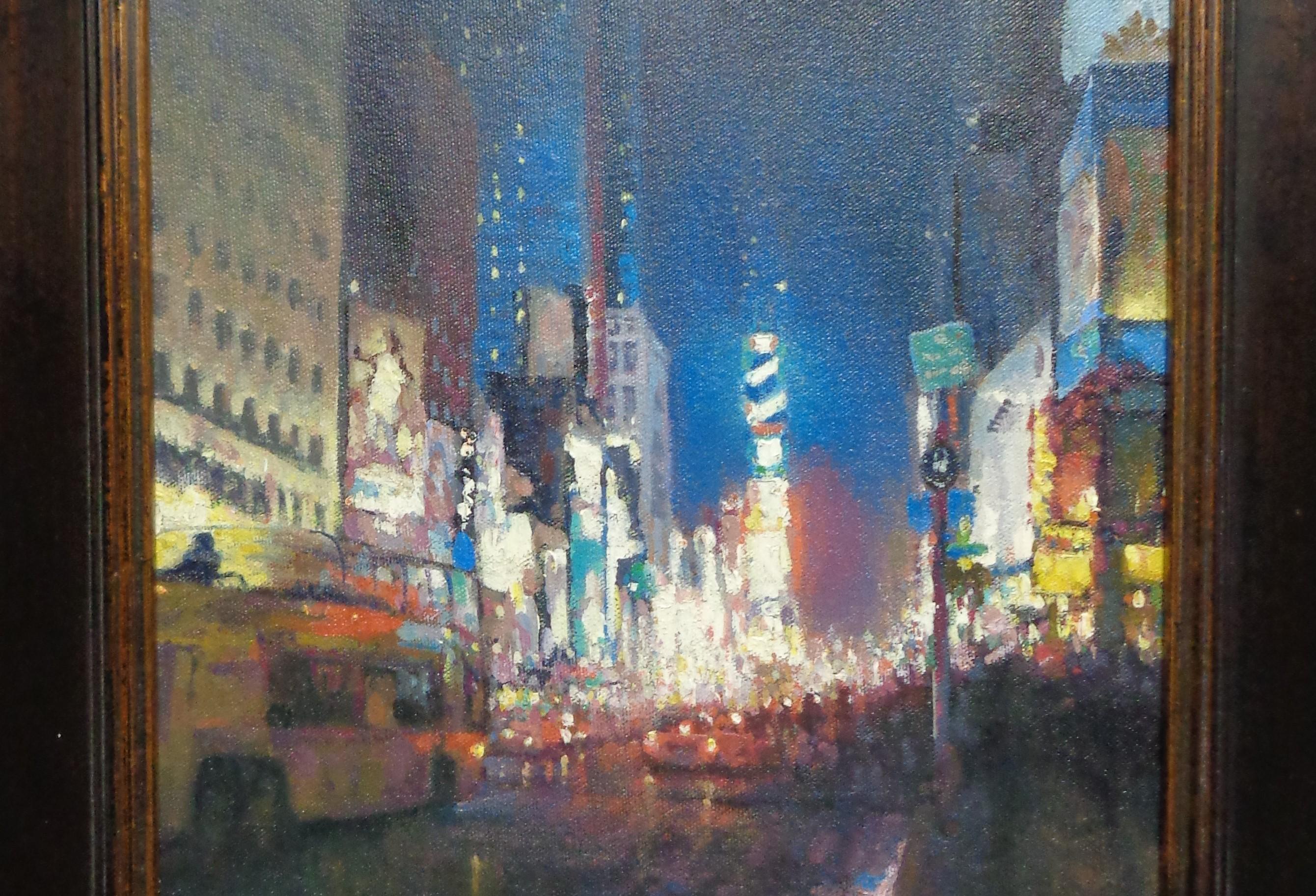 Nocturne, Ölgemälde, Michael Budden, Times Square, New York City im Angebot 2