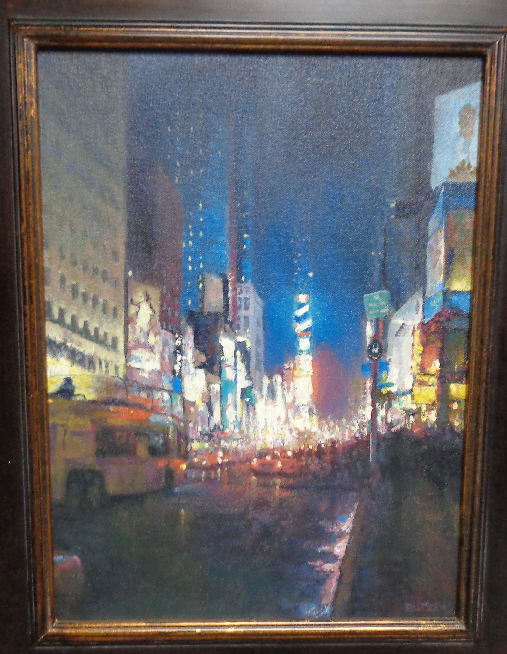 Nocturne, Ölgemälde, Michael Budden, Times Square, New York City im Angebot 4