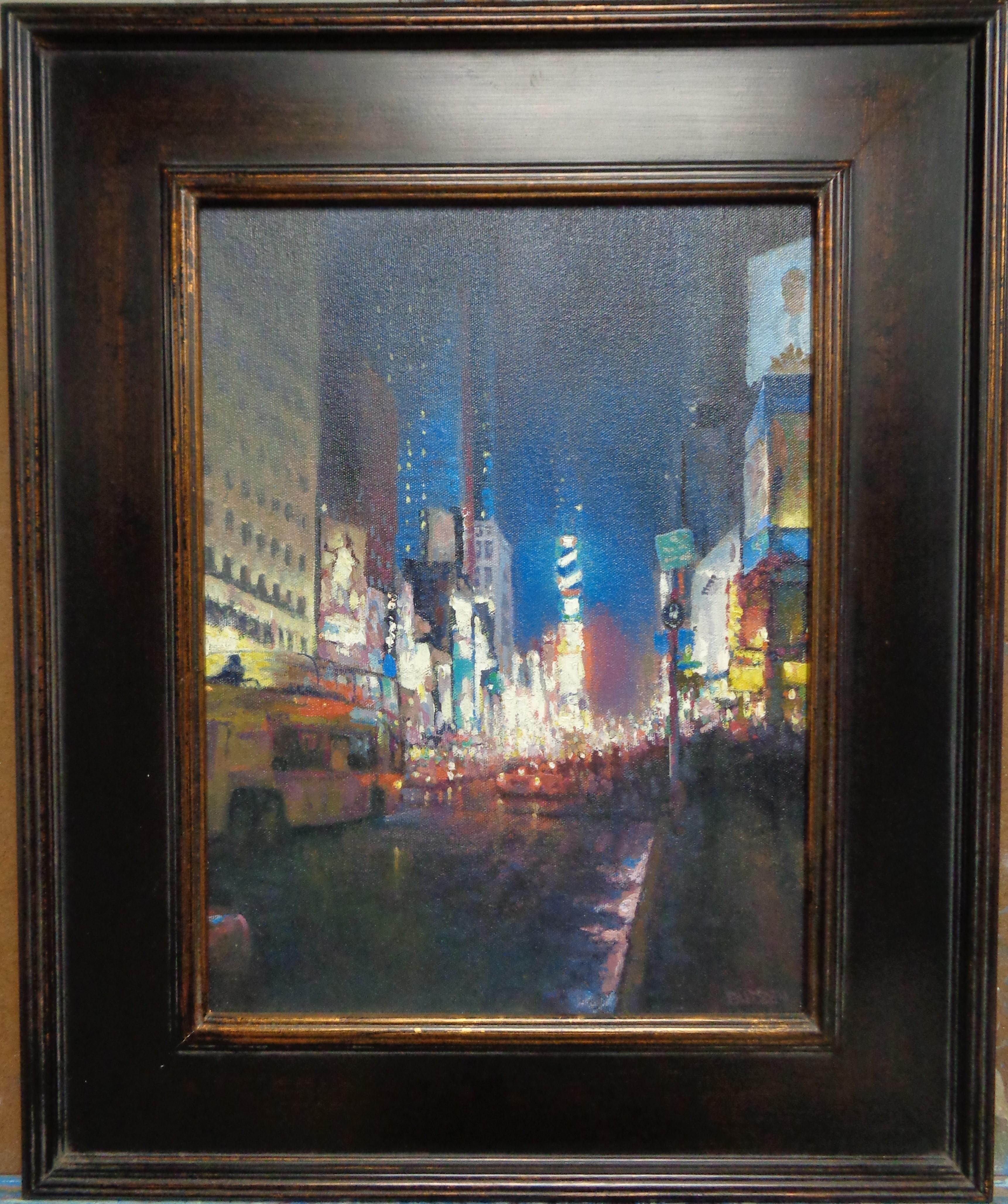 Die Abendshow, Times Square
Öl/Platte
16 x 12 ungerahmt, 22,5 x 18,5 gerahmt, ist ein Ölgemälde auf Leinwand des preisgekrönten zeitgenössischen Künstlers Michael Budden, das das belebte Nachtleben am NYC Times Square zeigt. Dies war eine meiner