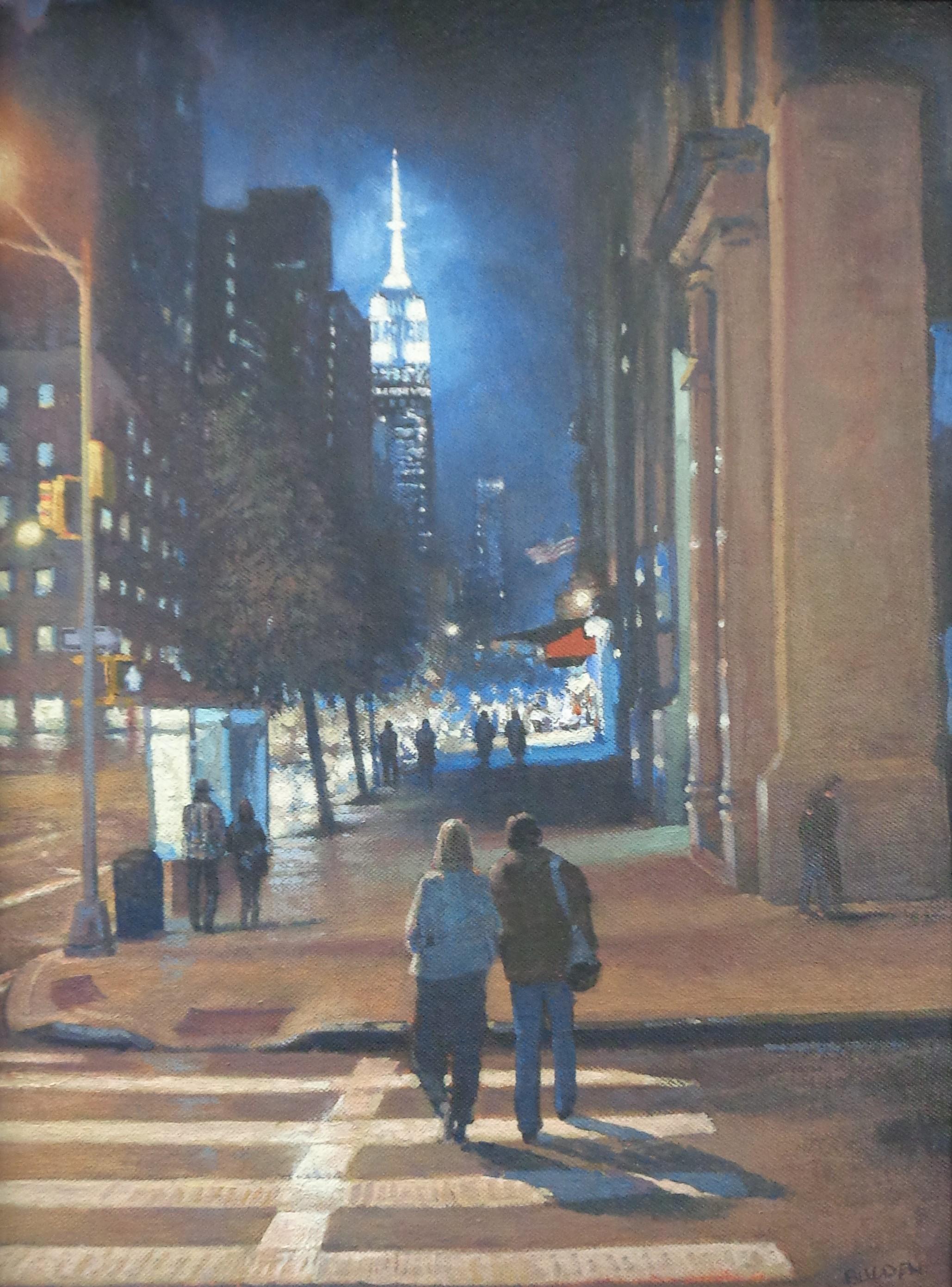  New York City Nocturne Painting Michael Budden Empire Evening For Sale 1