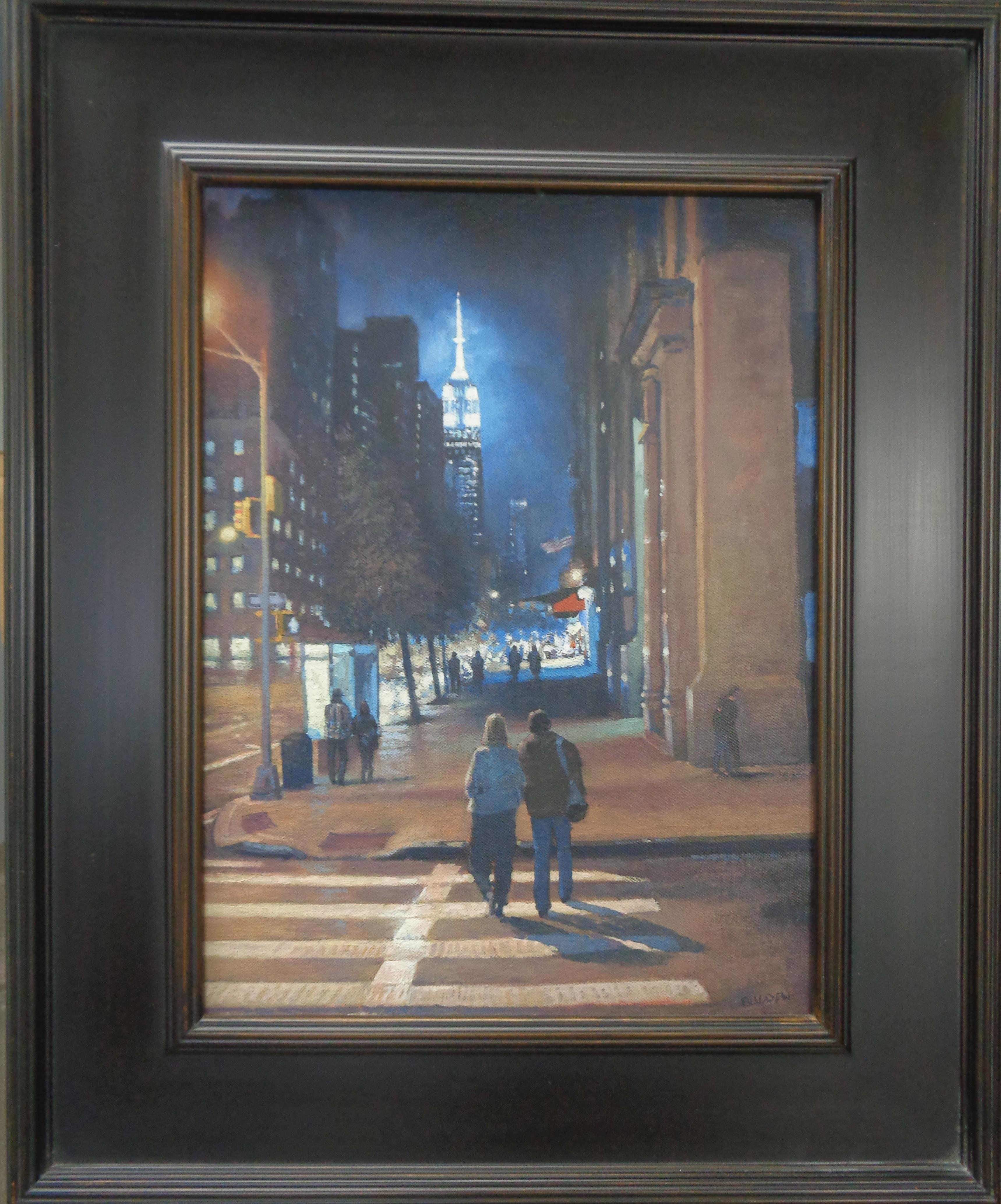 Empire Evening
Image is 16 x 12 unframed, 22.5 x 18.5 framed.
  An oil painting on canvas by award winning contemporary artist Michael Budden that showcases a beautiful nocturne in NYC looking up 5th Avenue toward the Empire State Building with all
