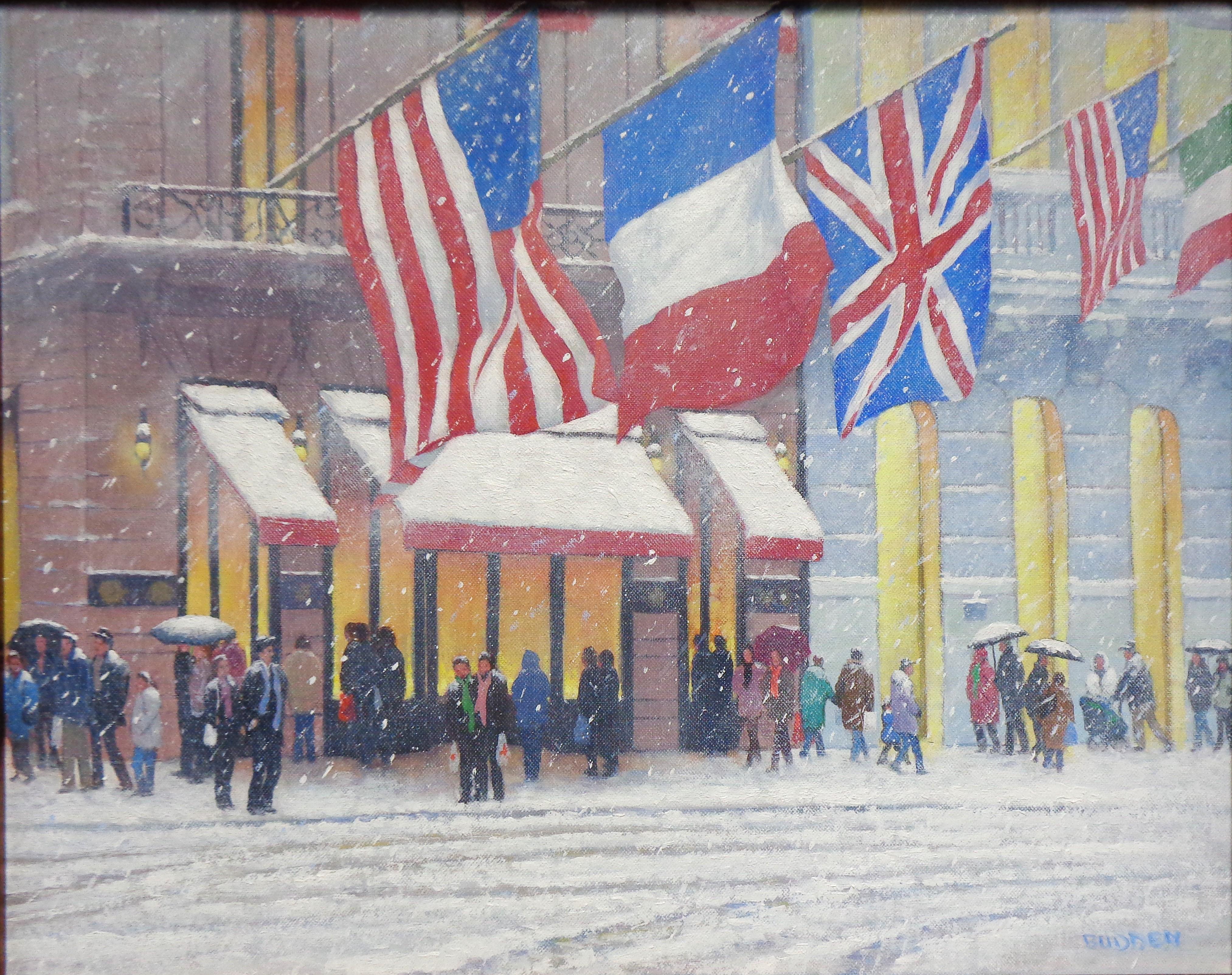 New York City Oil Painting Michael Budden 5th Avenue Winter Cartier For Sale 1