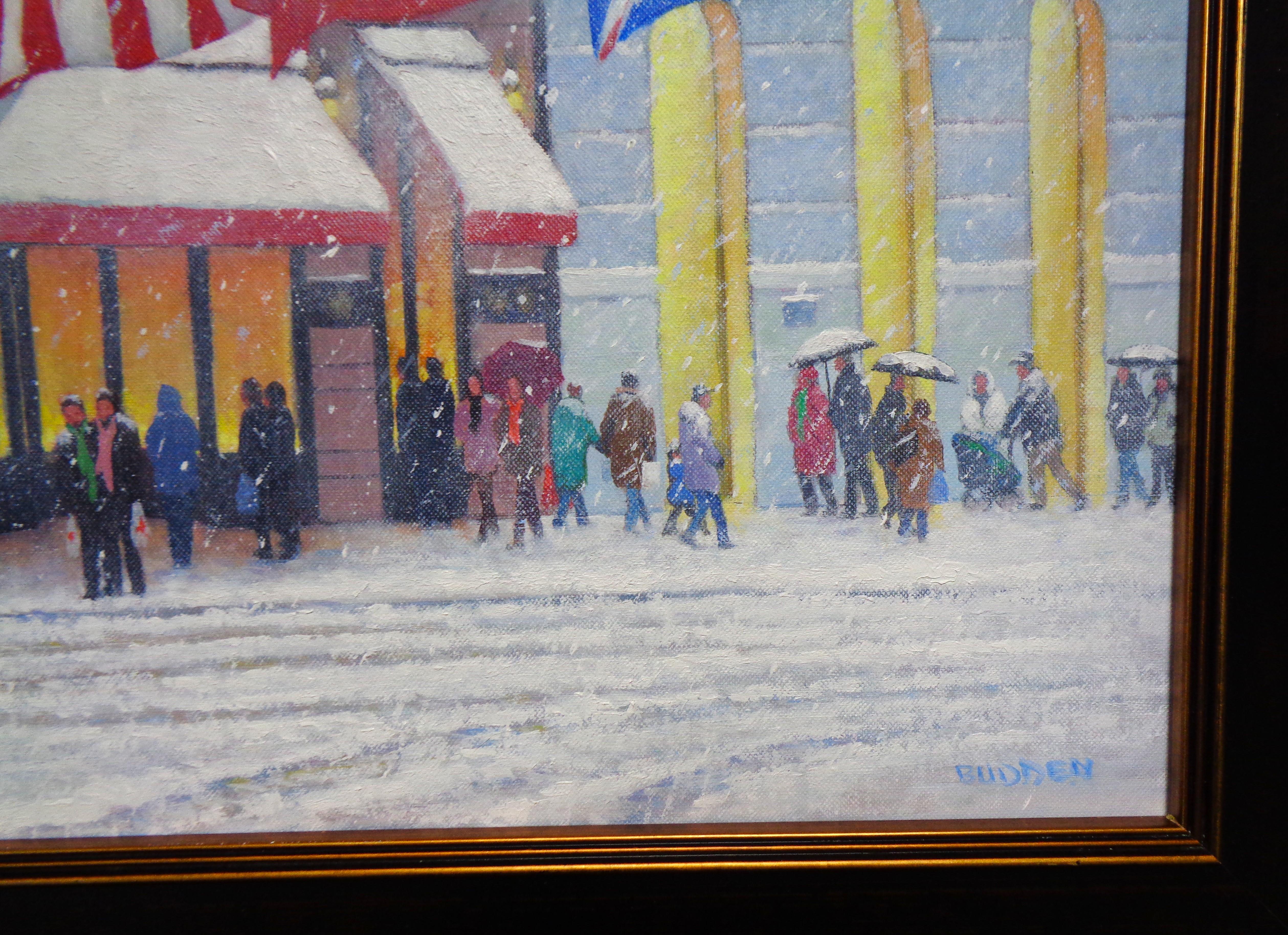New York City Oil Painting Michael Budden 5th Avenue Winter Cartier For Sale 5