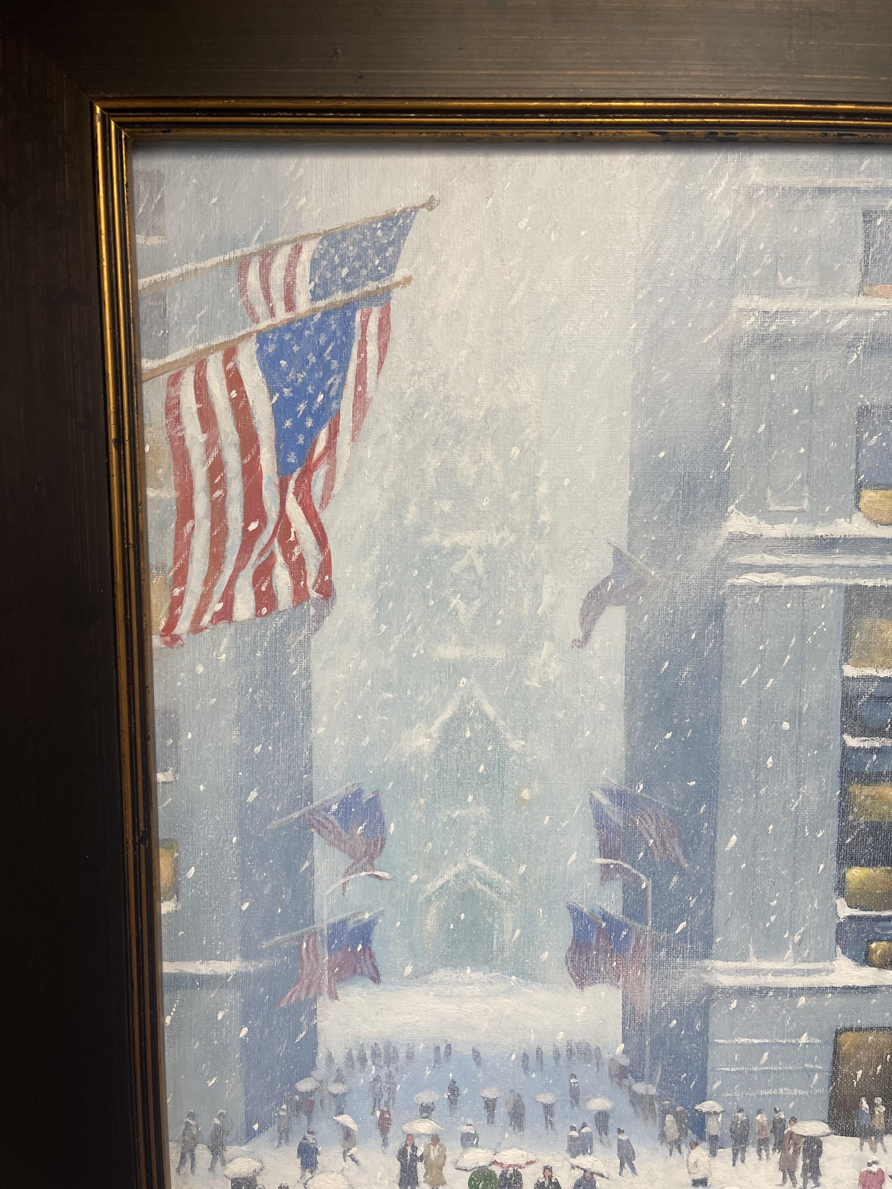 New York City Snow Flags Pittura ad olio Michael Budden Winter On Wall Street in vendita 1