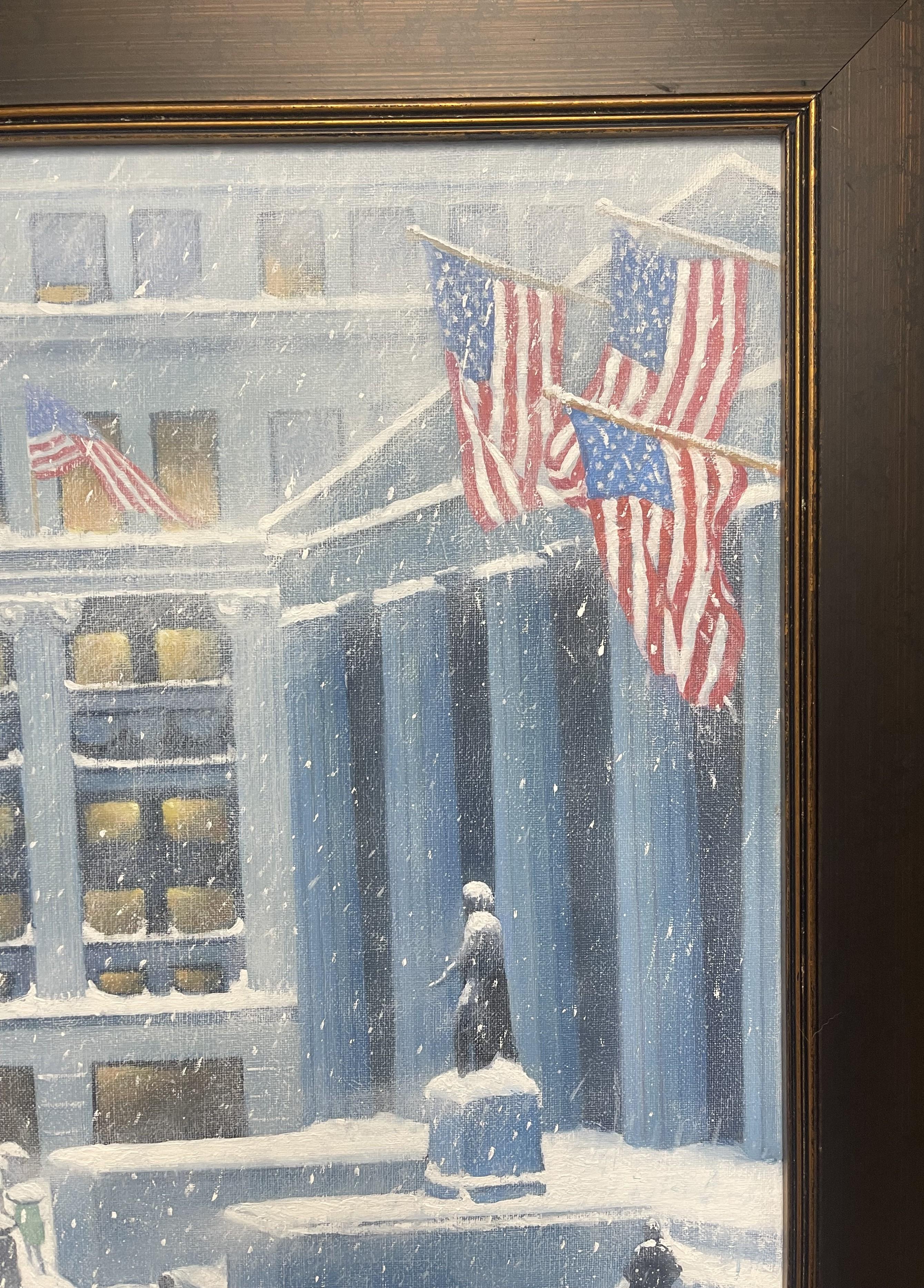 New York City Snow Flags Pittura ad olio Michael Budden Winter On Wall Street in vendita 2