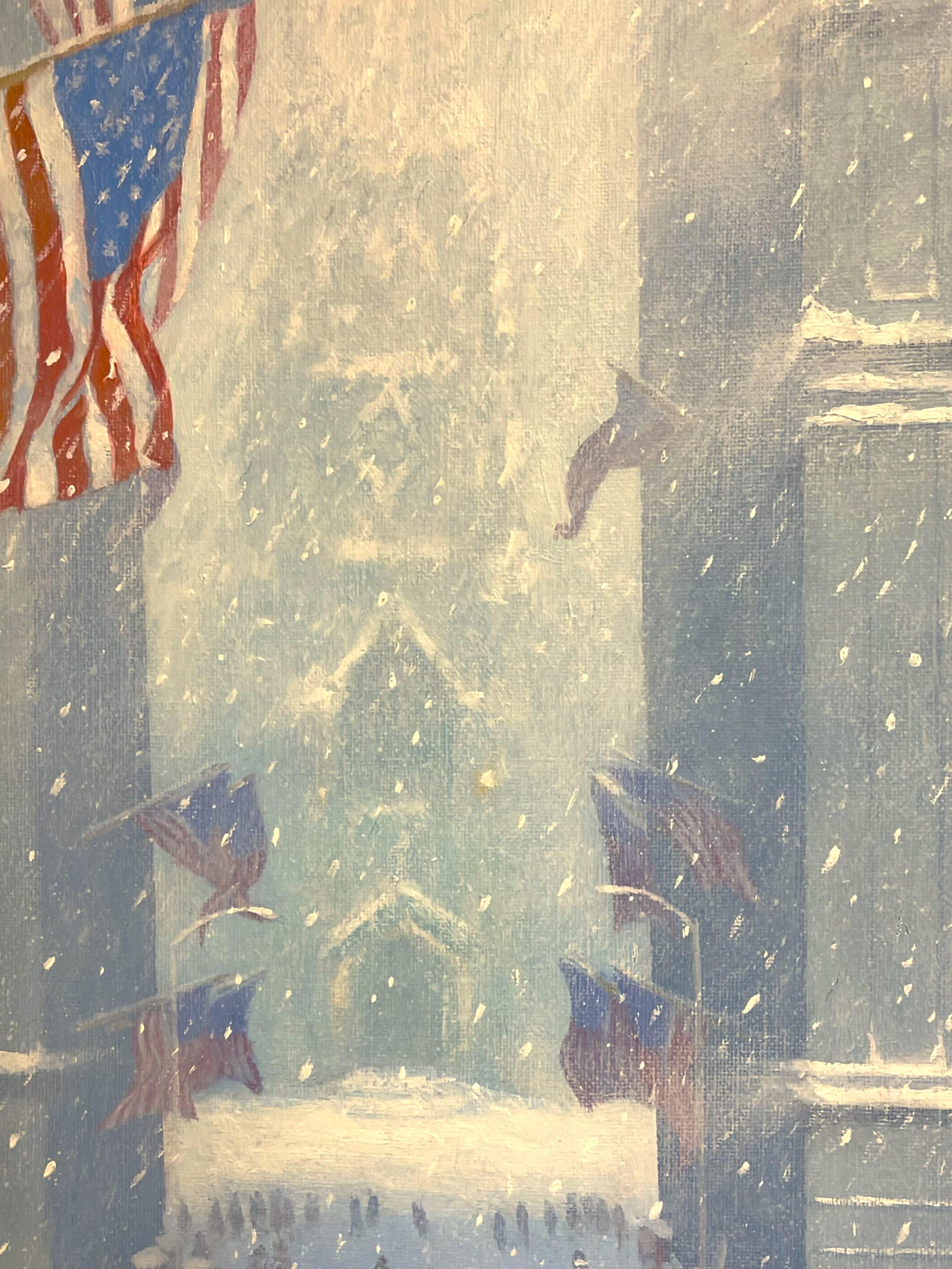 New York City Snow Flags Pittura ad olio Michael Budden Winter On Wall Street in vendita 3
