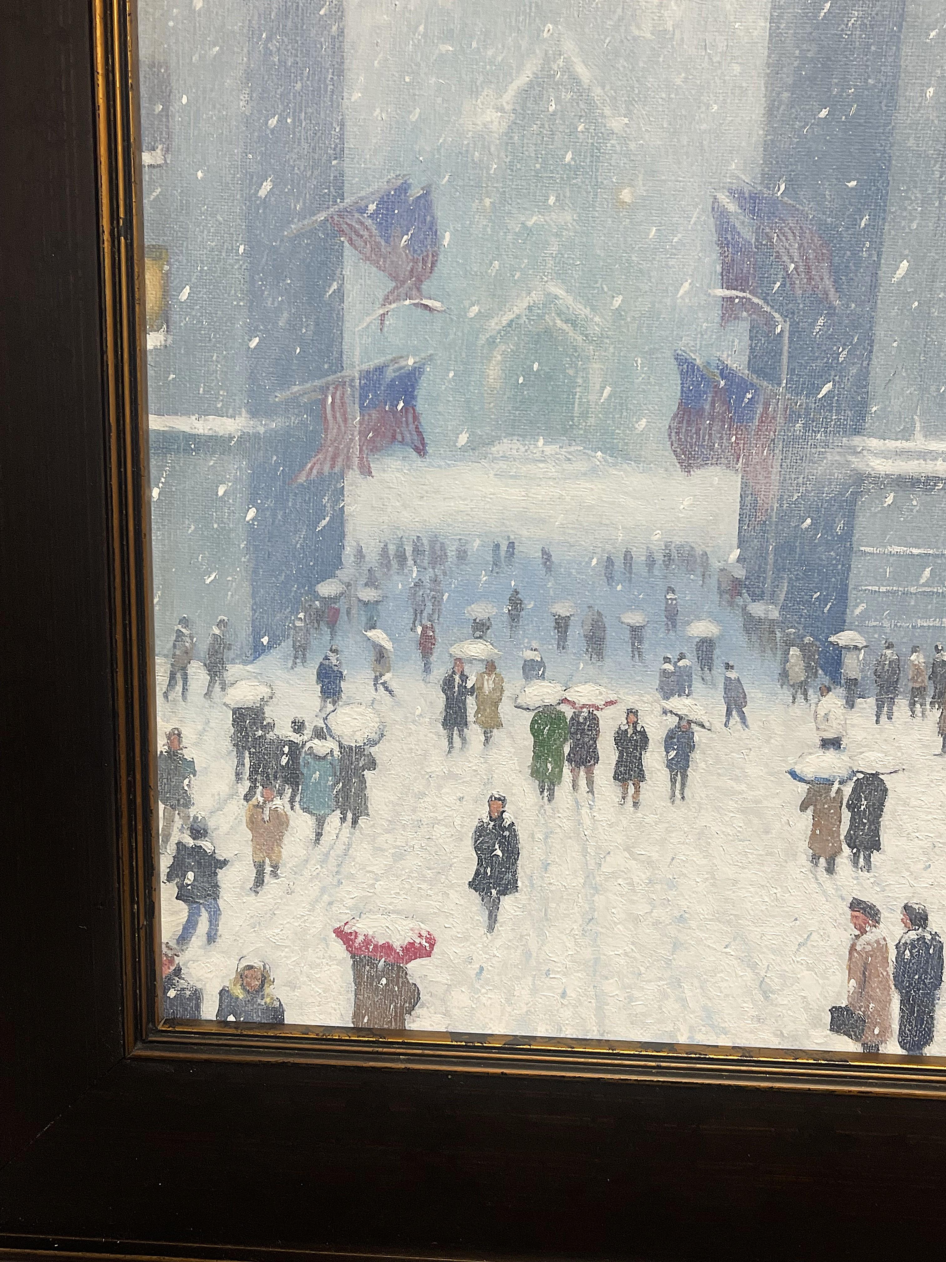 New York City Snow Flags Pittura ad olio Michael Budden Winter On Wall Street in vendita 4