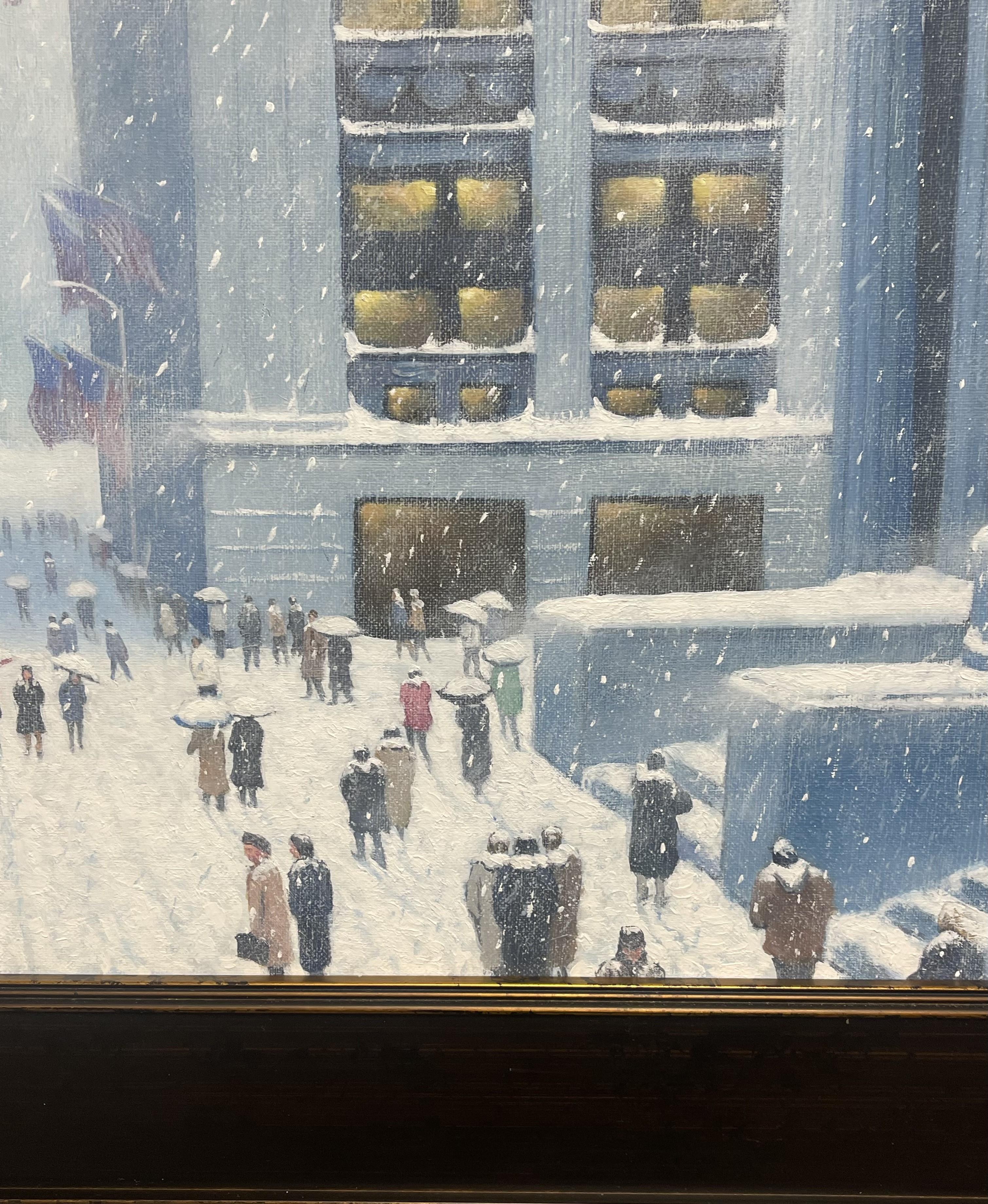 New York City Snow Flags Pittura ad olio Michael Budden Winter On Wall Street in vendita 5
