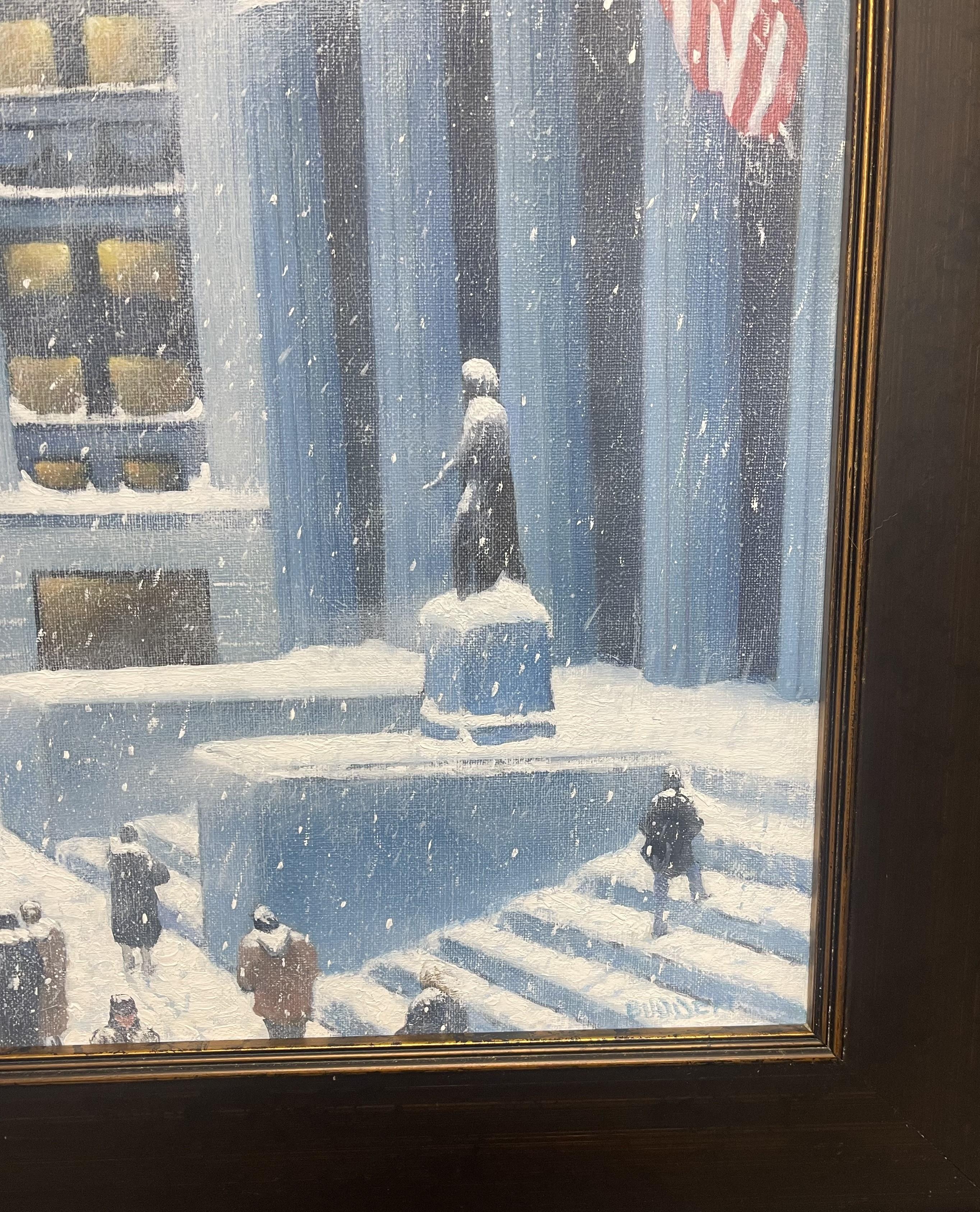 New York City Snow Flags Pittura ad olio Michael Budden Winter On Wall Street in vendita 6