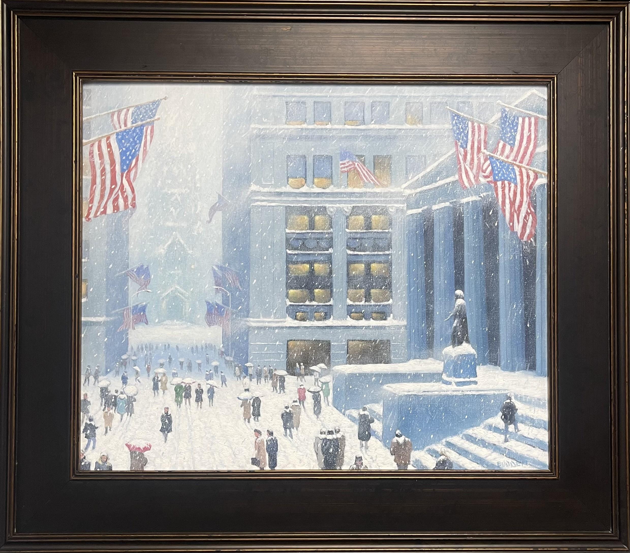 L'inverno a Wall Street
olio/lino
20 x 24 senza cornice, 27,75 x 31,75 con cornice.
L'inverno a Wall Street  è un dipinto a olio  su lino del pluripremiato artista contemporaneo Michael Budden. Mi piace dipingere questa immagine da un punto di vista