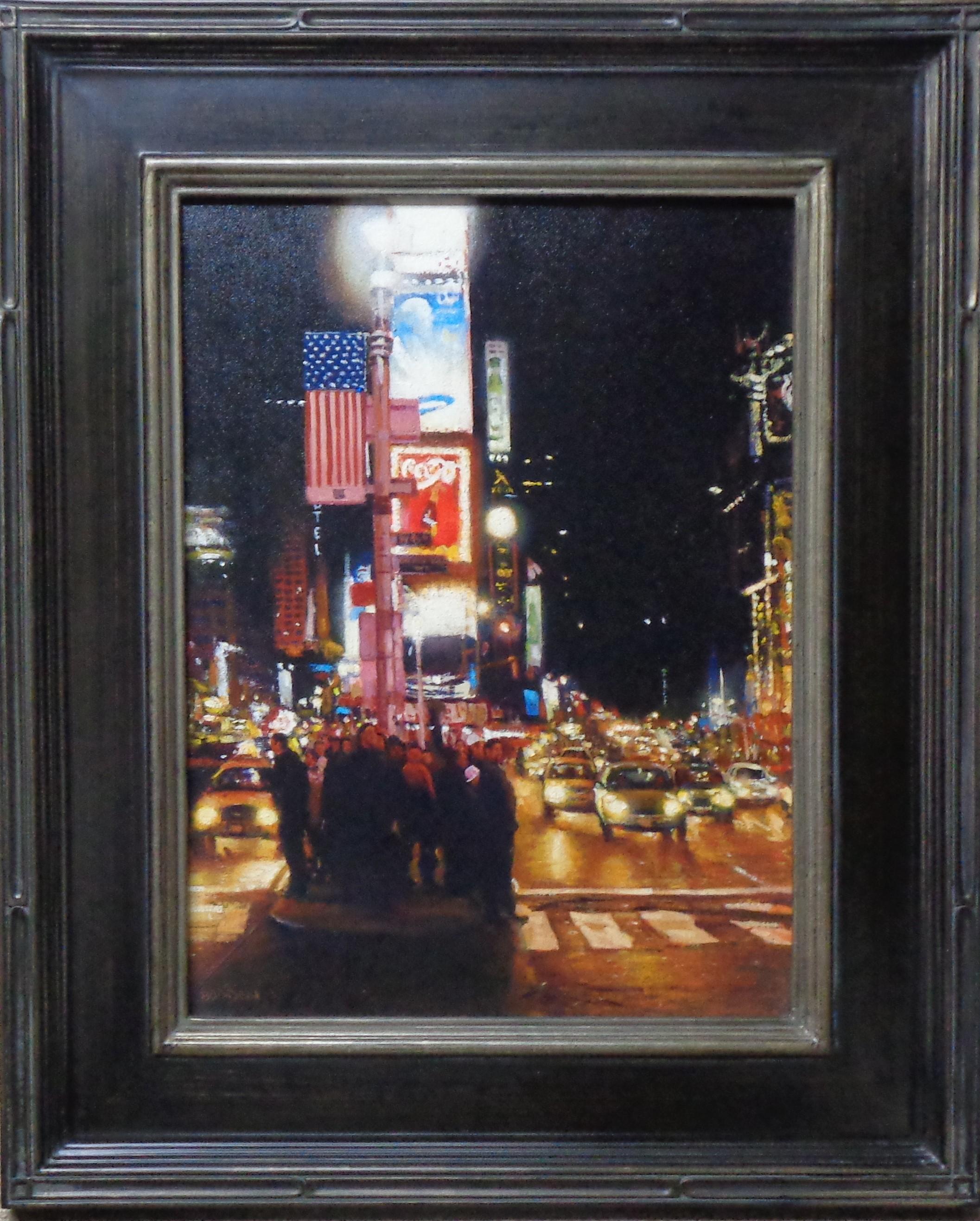 Times Square
Oil/canvas
The image measures 16 x 12 unframed and 22.38 x 18.50 x 1 framed
Signed LL
Times Square is an oil painting on canvas by award winning contemporary artist Michael Budden. It is a busy street nocturne in Times Square, NYC that