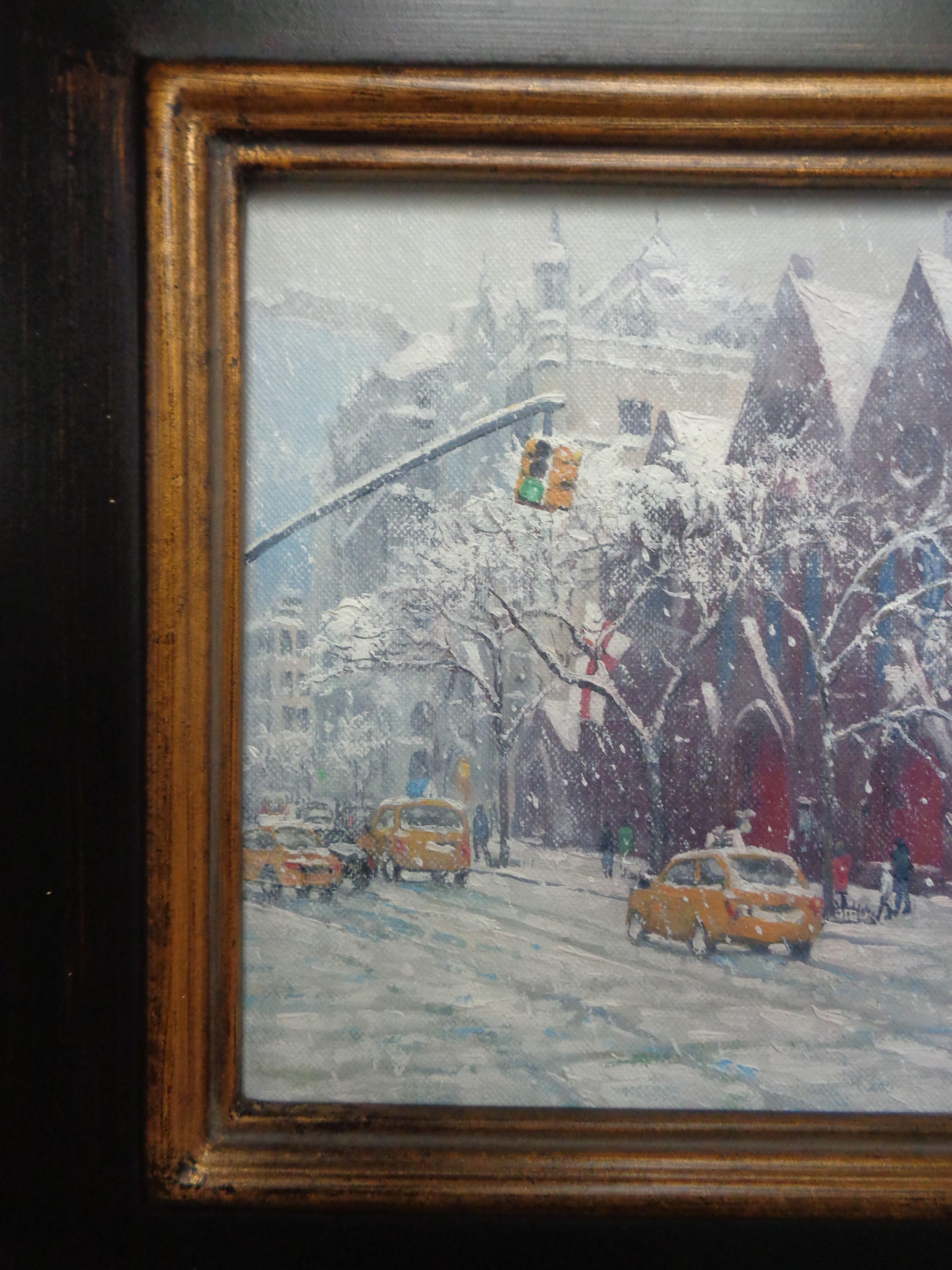  Gemälde Calvary Church Park Avenue in New York City von Michael Budden, Winter Flagge im Angebot 1