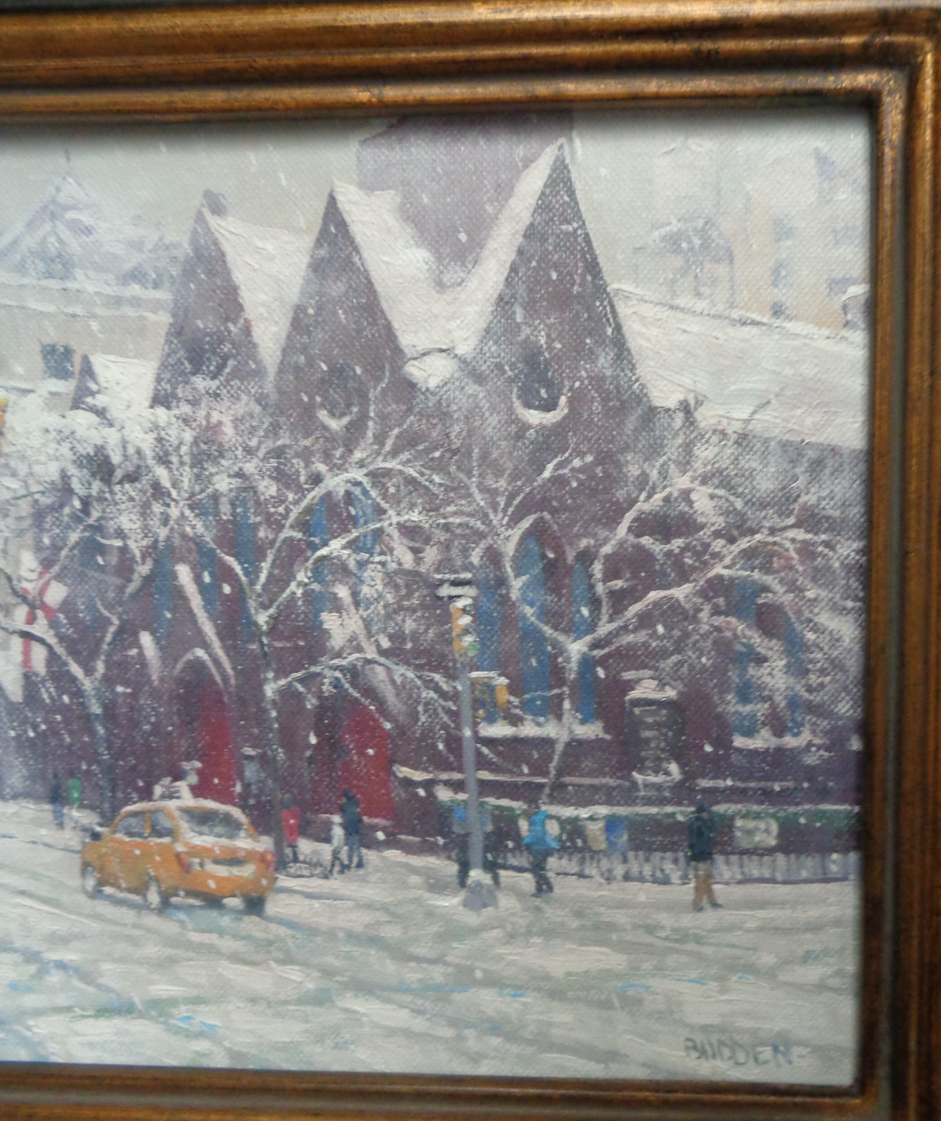  Gemälde Calvary Church Park Avenue in New York City von Michael Budden, Winter Flagge im Angebot 2