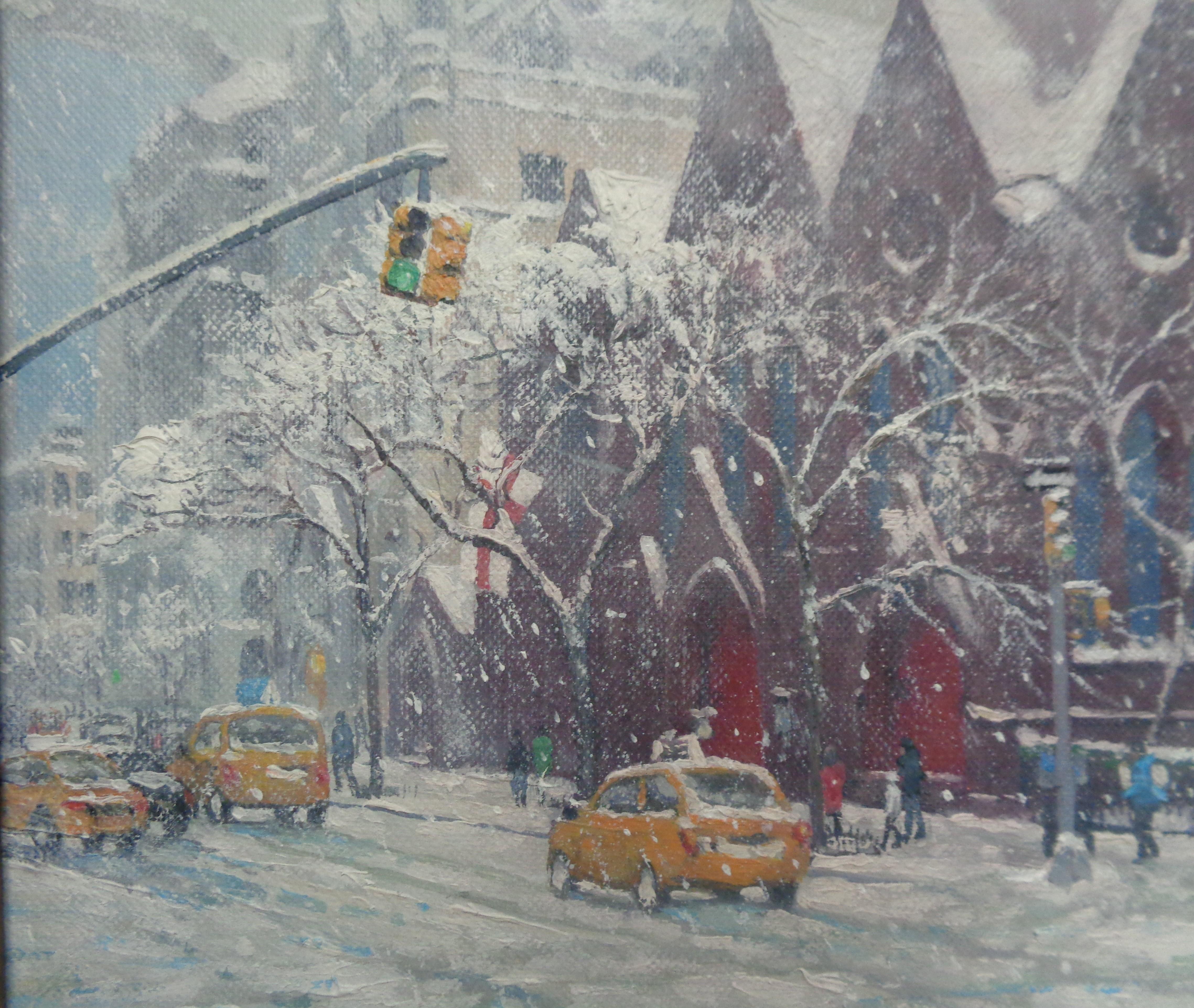  Gemälde Calvary Church Park Avenue in New York City von Michael Budden, Winter Flagge im Angebot 3